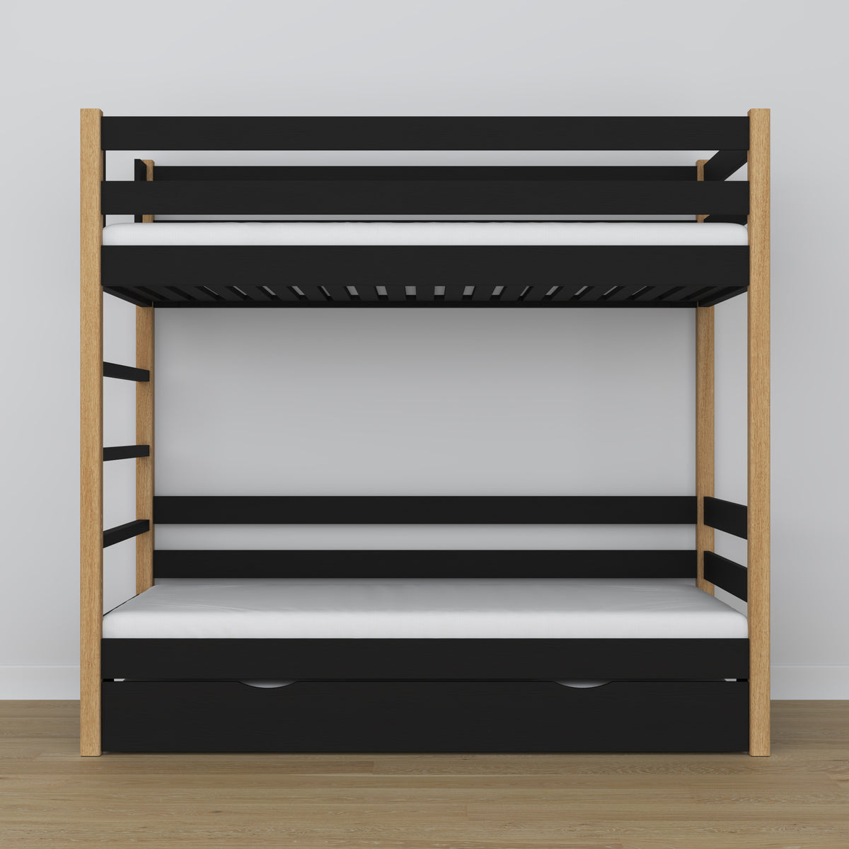 Black and Oak Bunk Bed – Wooden Slatted Frame, Mattress Drawer
