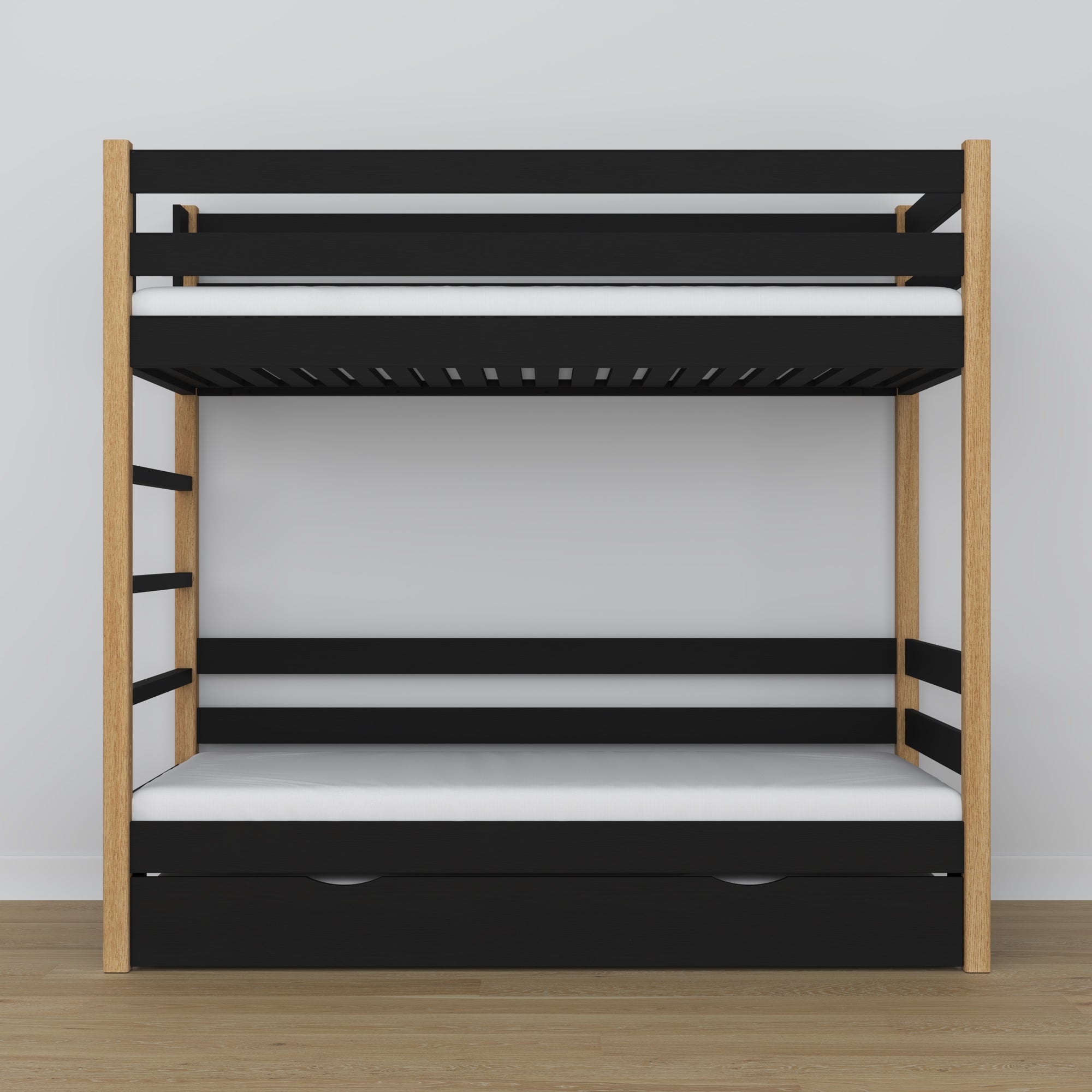 Black and Oak Bunk Bed – Wooden Slatted Frame, Mattress Drawer