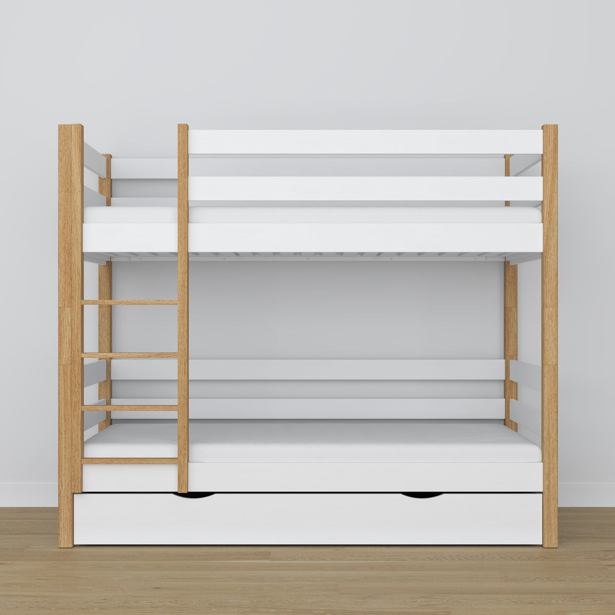 White and Oak Bunk Bed – Wooden Slatted Frame, Side View