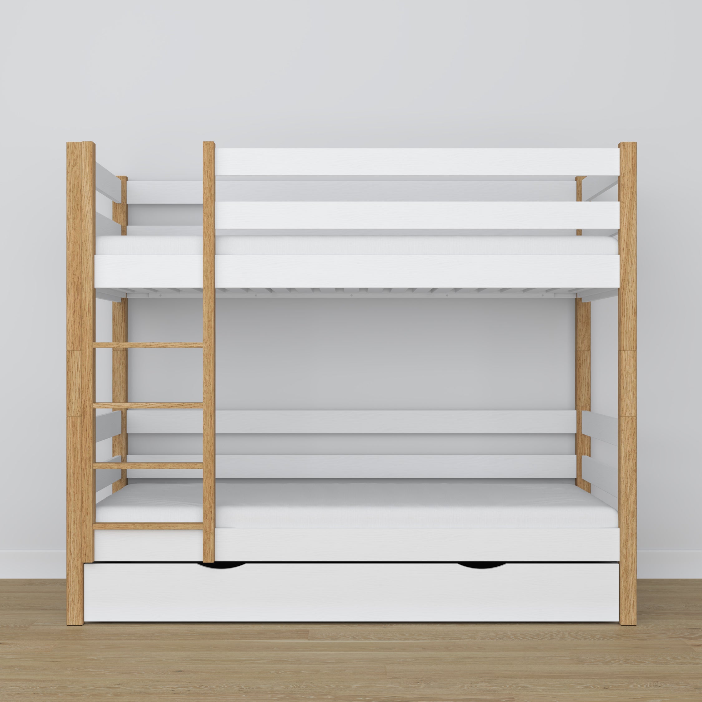 White and Oak Bunk Bed – Wooden Slatted Frame, Side View