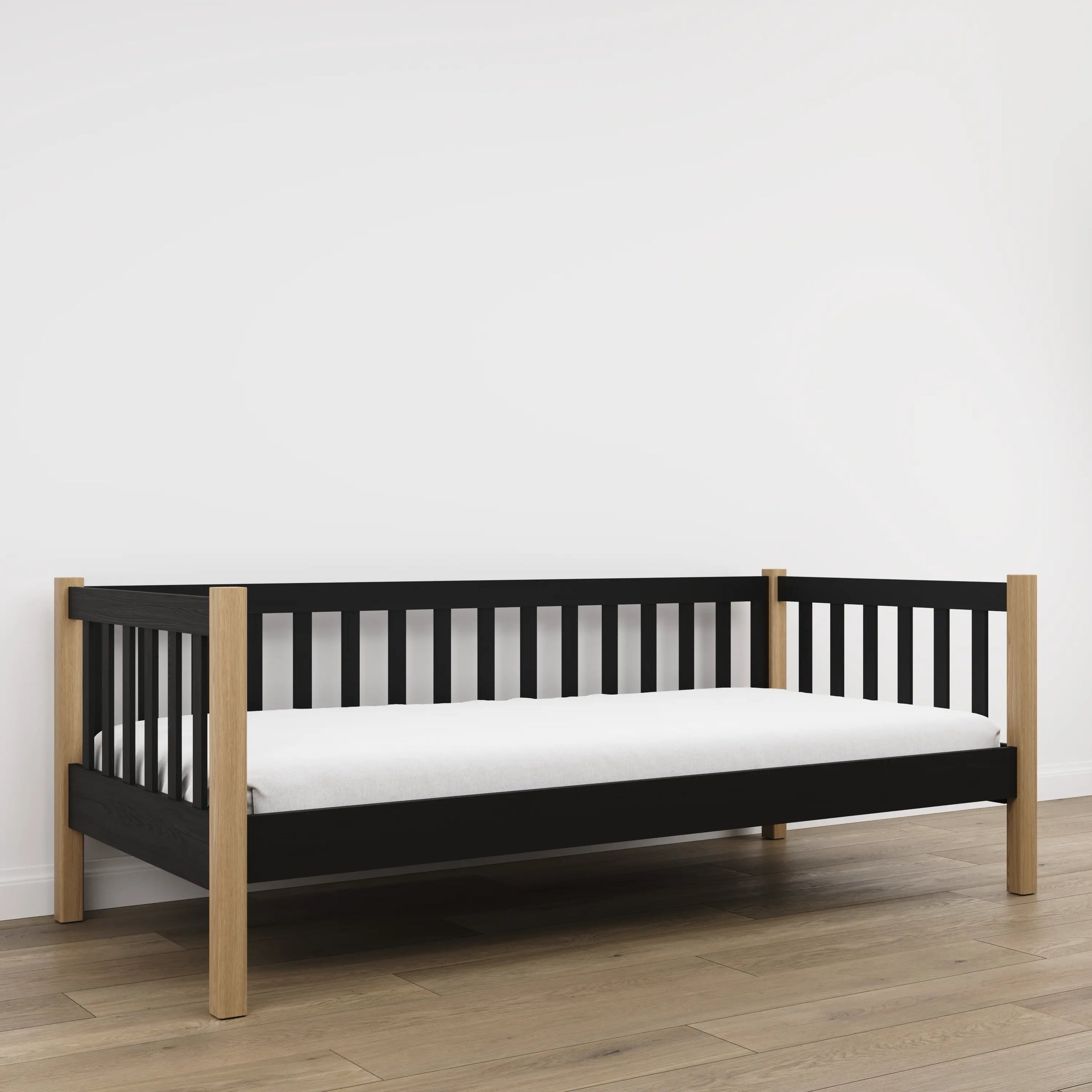Sofa-Bett schwarz mit Eiche – seitliche Schutzbarriere Holz, Sicherheit für Kinder