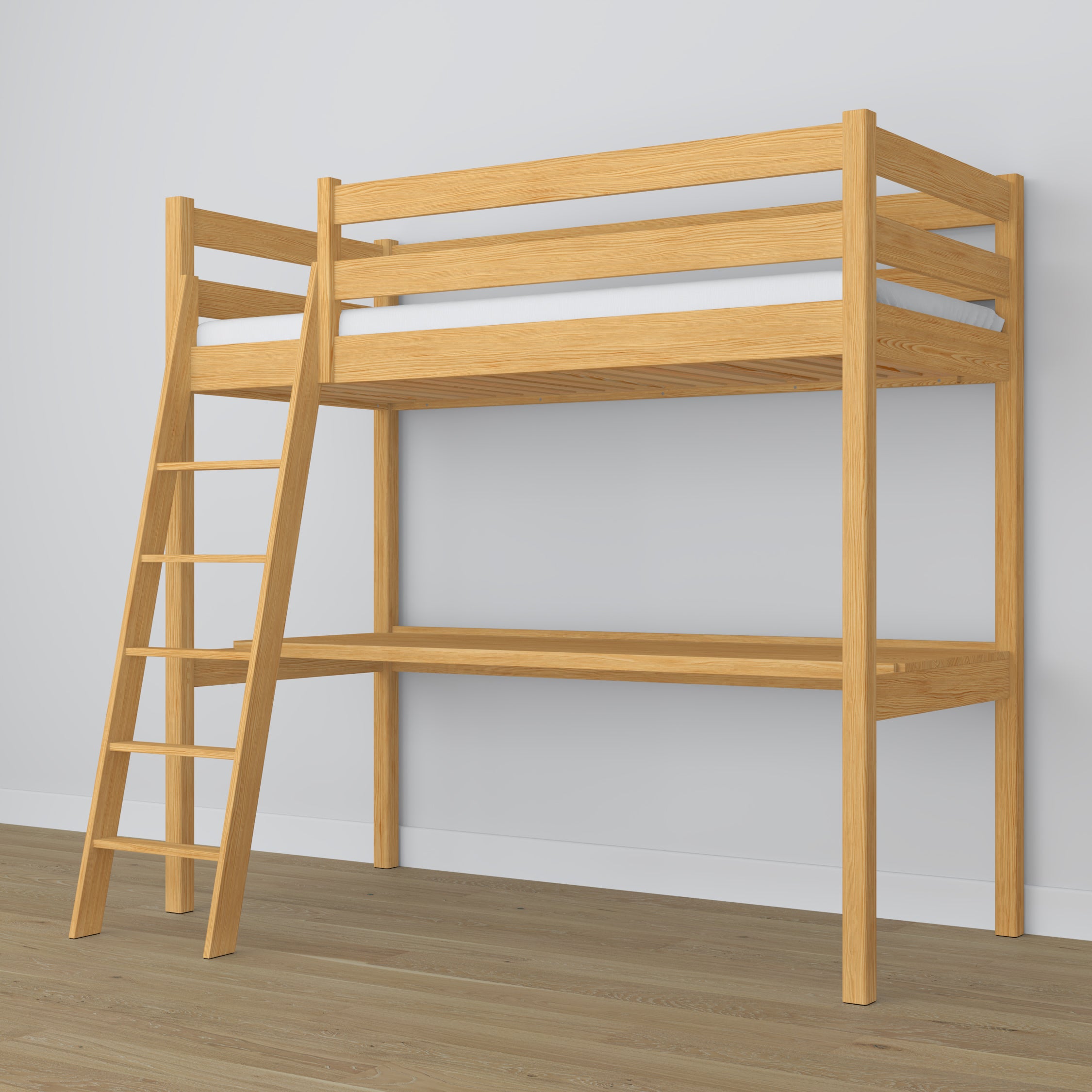 Lit mezzanine en bois pin naturel avec bureau – sommier i lattes, Nizio