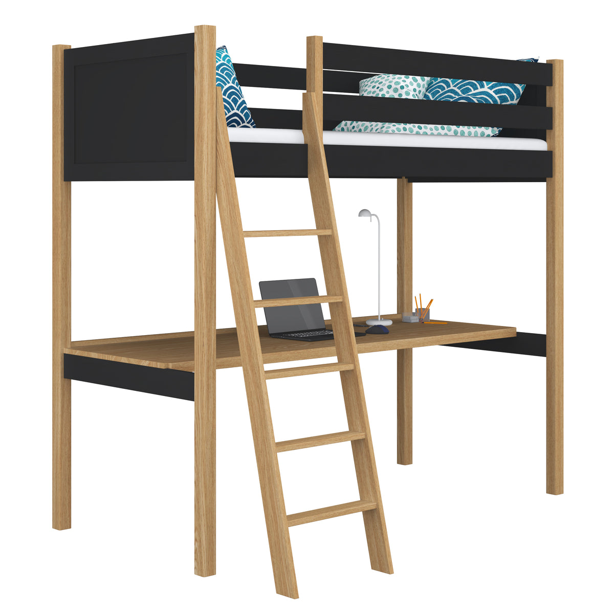 Black and Oak Wooden Loft Bed with Desk – Children’s Room, Scandi Nizio