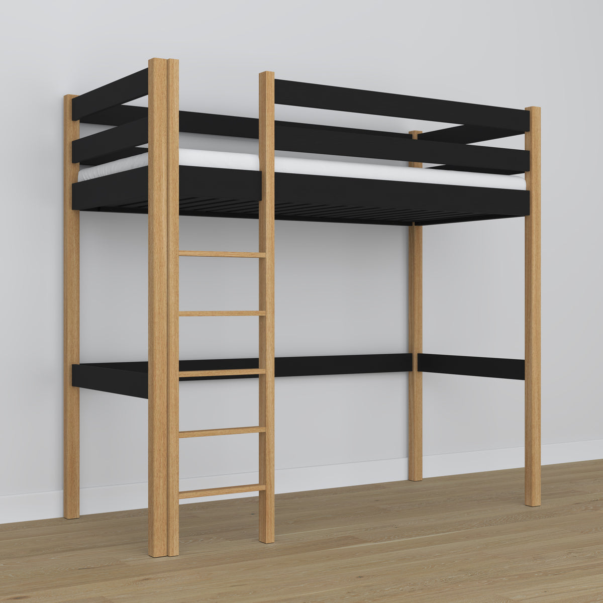 Hochbett schwarz-eiche aus Holz – Abmessungen und Schema, Nizio