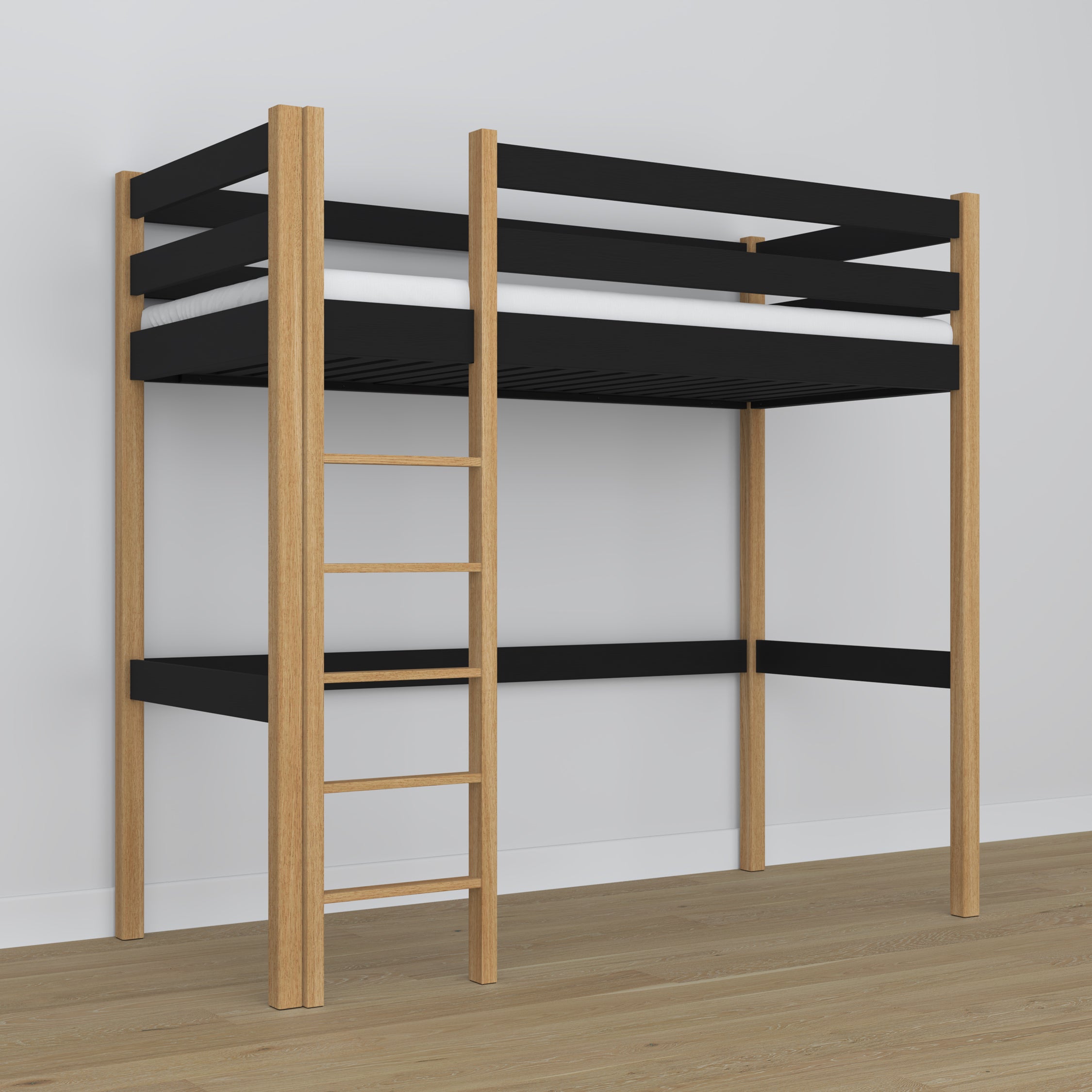 Hochbett schwarz-eiche aus Holz – Abmessungen und Schema, Nizio