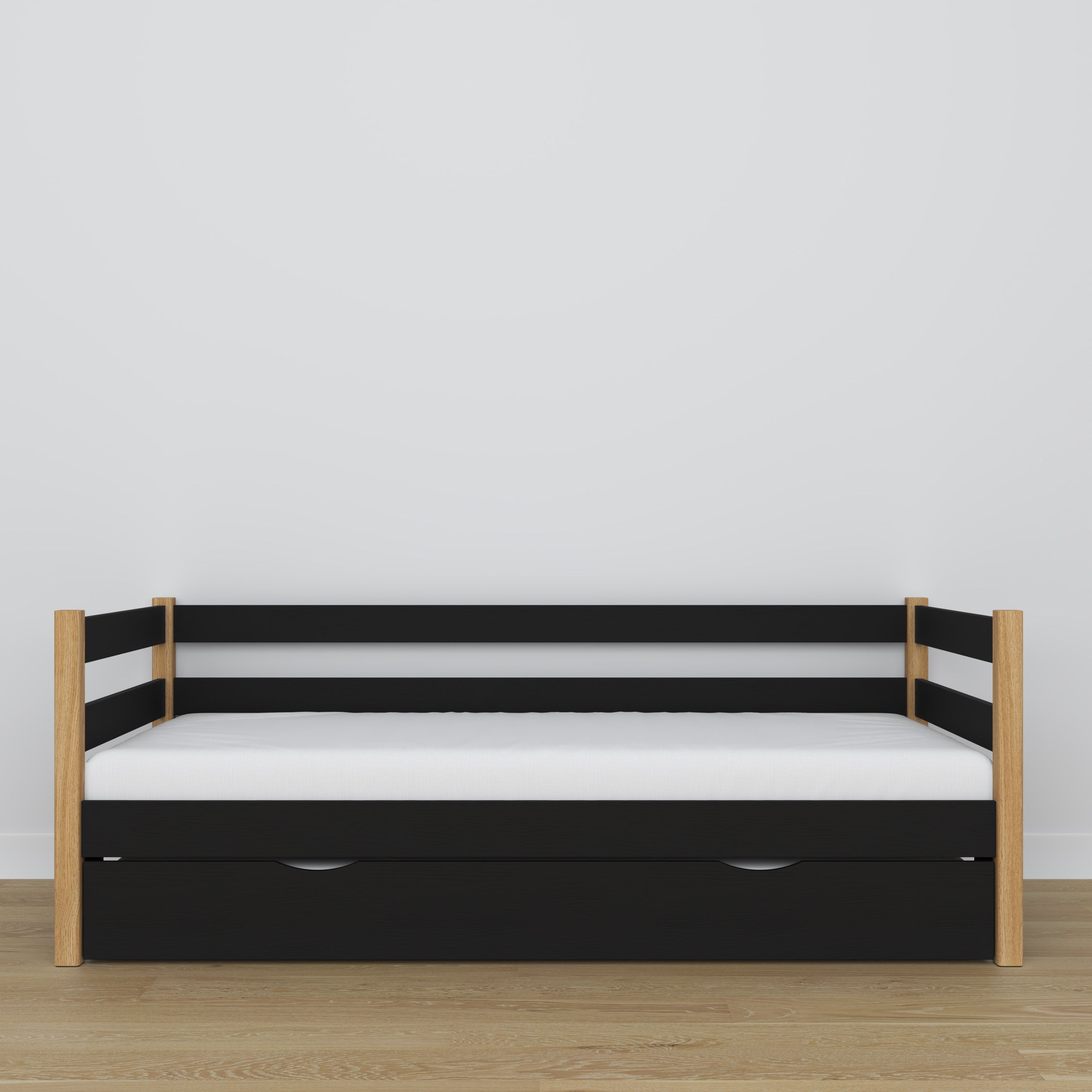 Sofabett mit Schublade für Matratze schwarz-Eiche aus Holz – Maße, Nizio