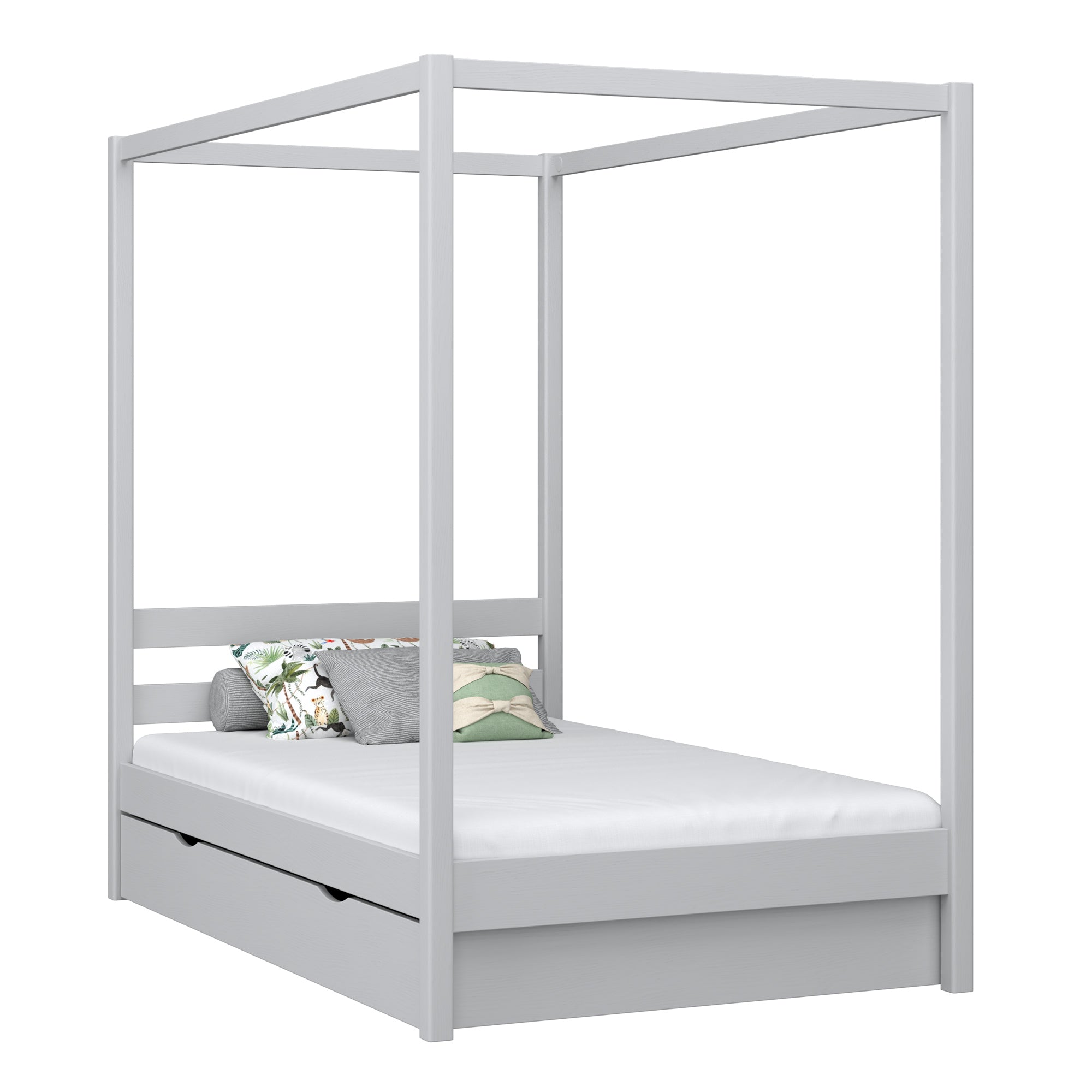 Lit à baldaquin avec tiroir en bois gris – chambre d'enfant, style scandinave
