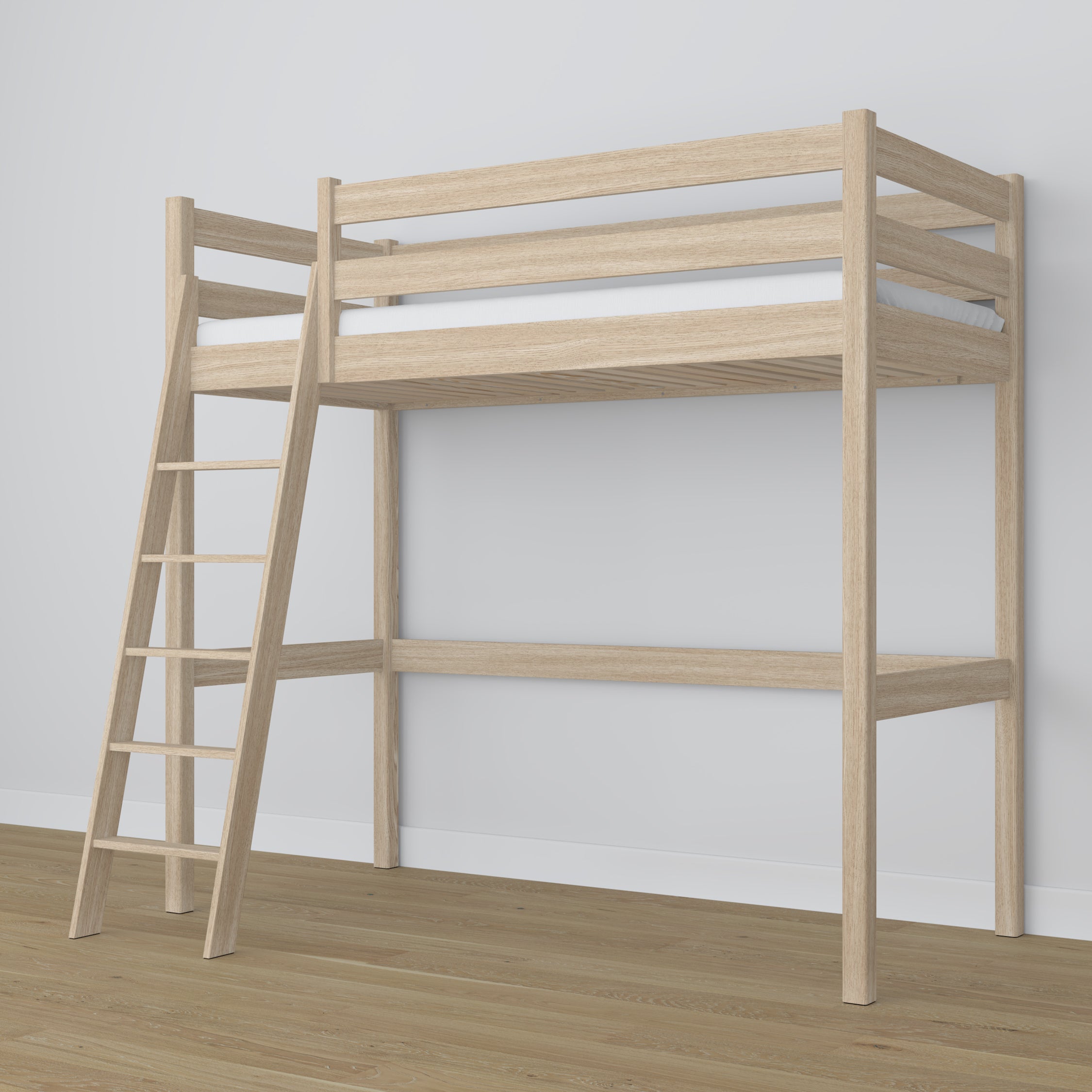 Hochbett Eiche geweißt – Rahmen mit Latten, Seitenansicht