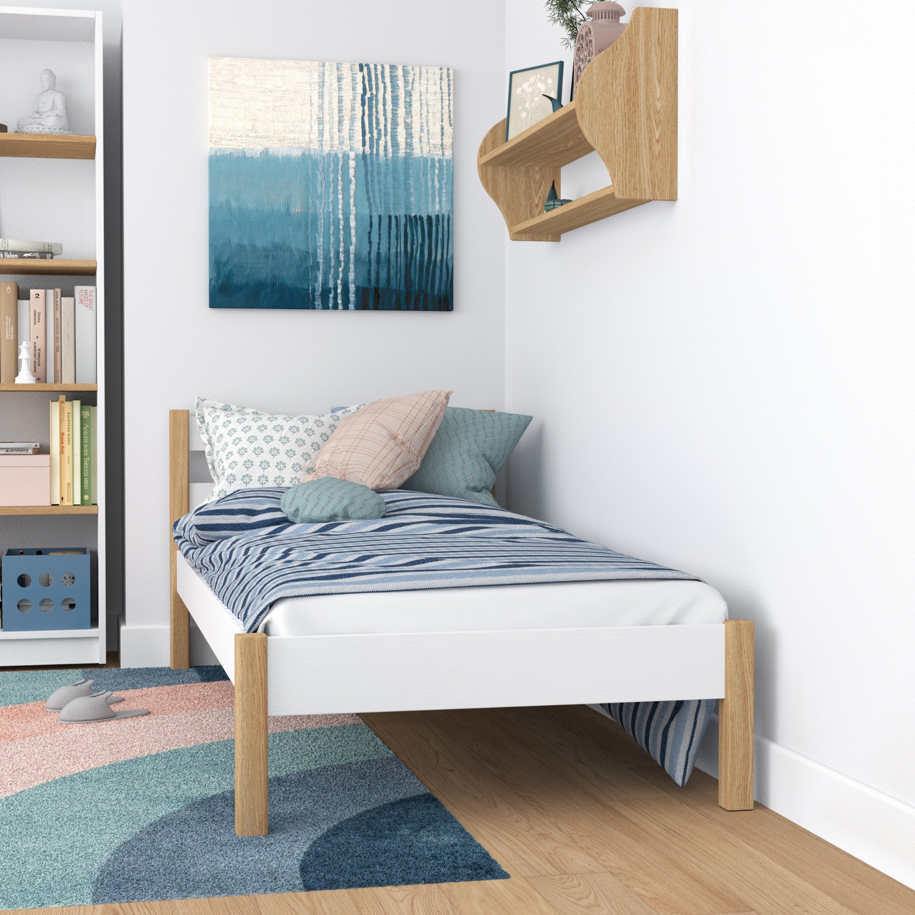 Einzelbett aus Holz weiß-eiche – Seitenansicht, Proportionen des Möbelstücks