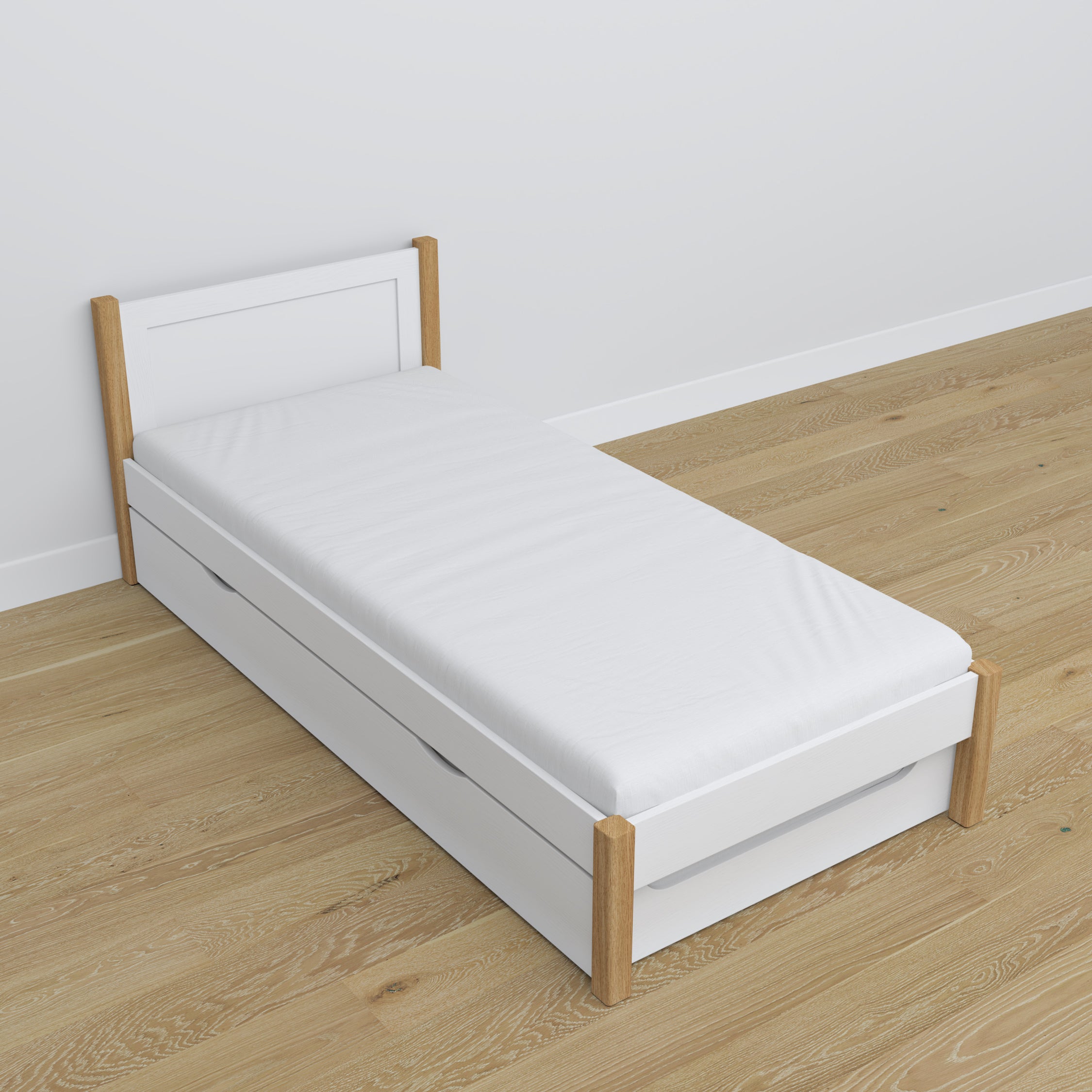 Lit avec tiroir pour matelas blanc-chêne en bois – dimensions, Nizio