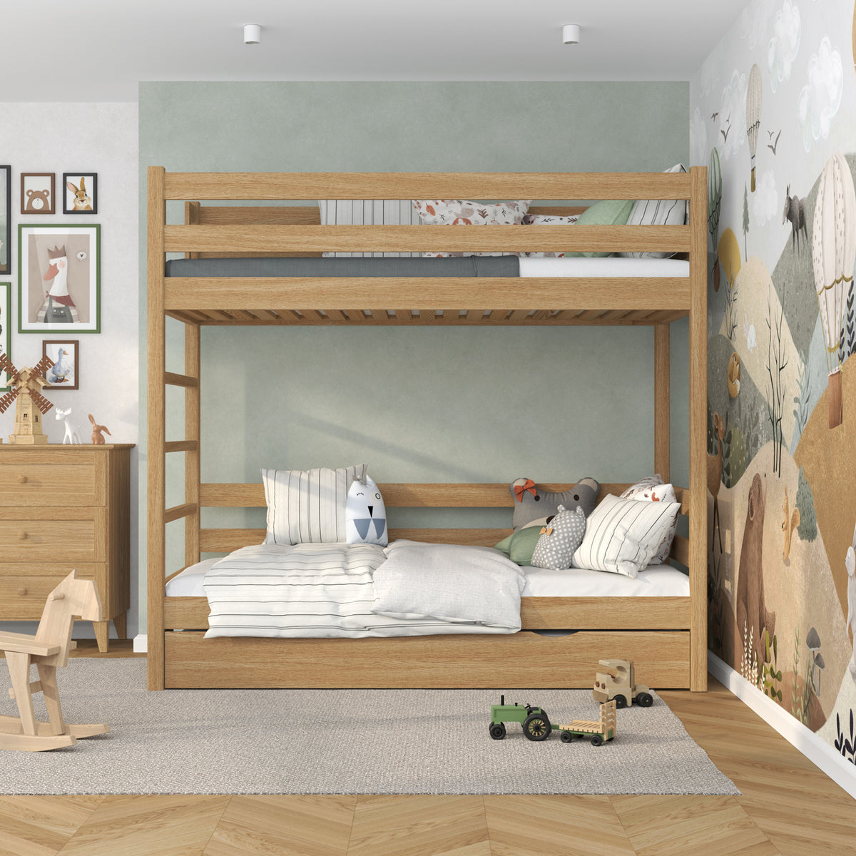 Natural Oak Bunk Bed for Children – Mattress Drawer, Oak, Nizio