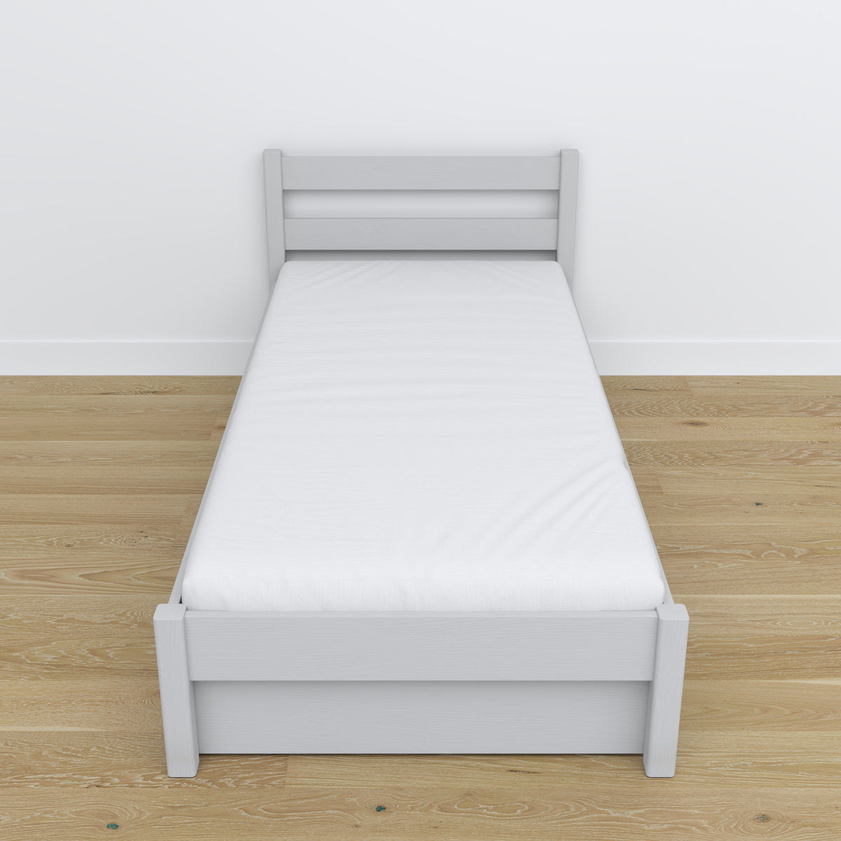 Bett aschgrau mit Schublade – Führungsschienen und Holzdetails, Nizio