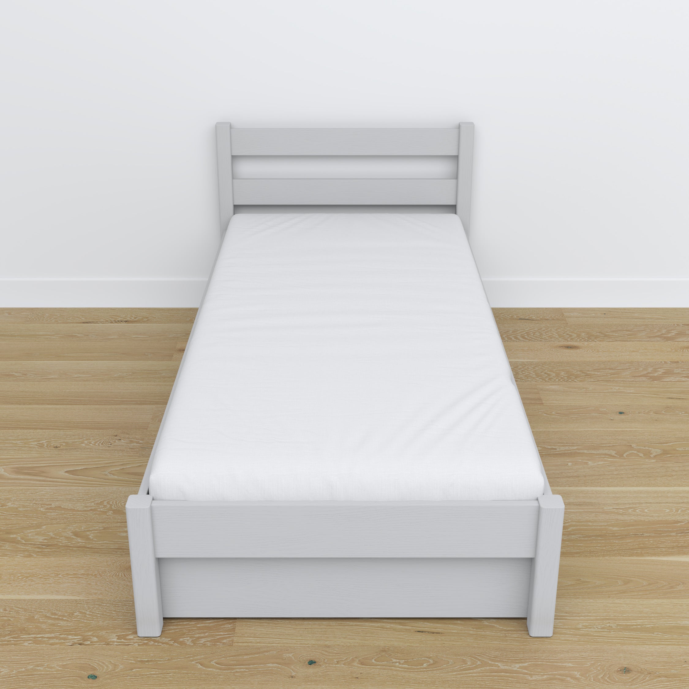 Bett aschgrau mit Schublade – Führungsschienen und Holzdetails, Nizio