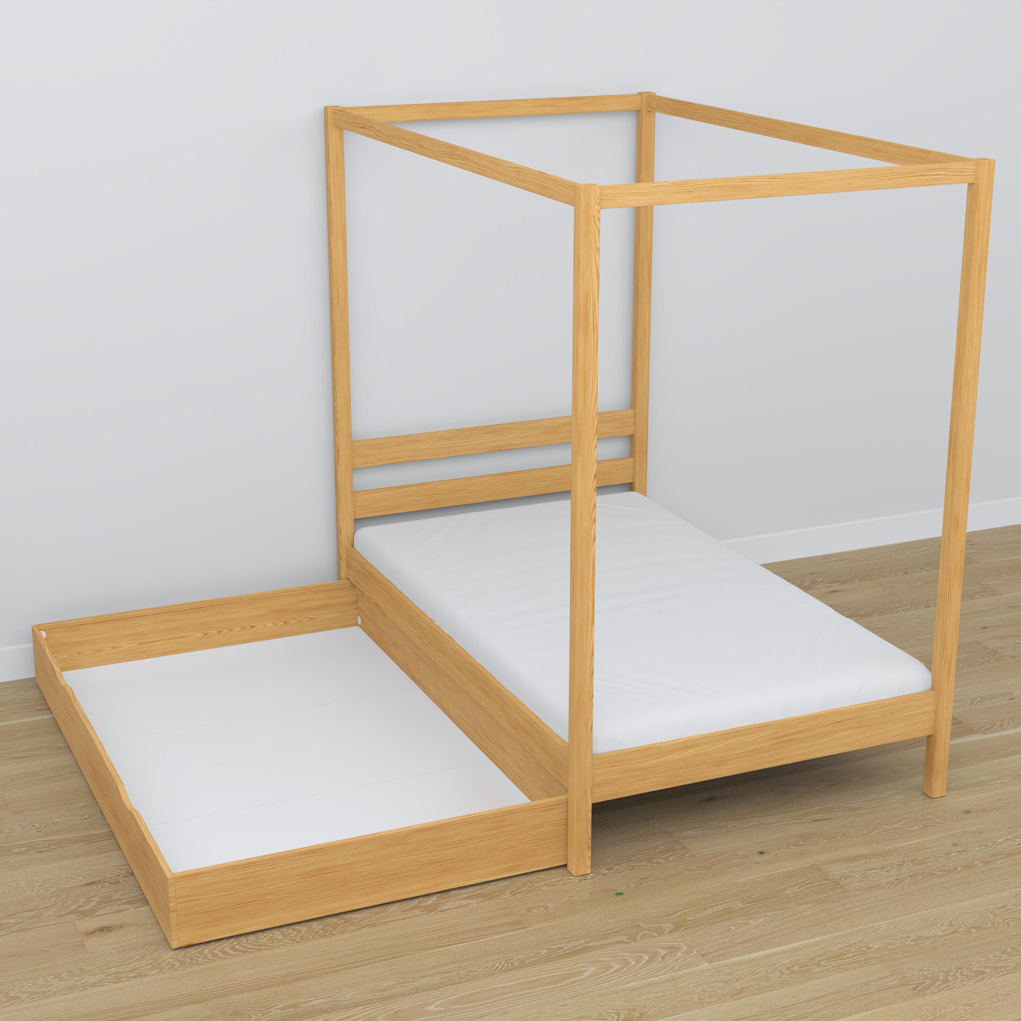 Natural pine canopy bed with drawer – side view, wooden