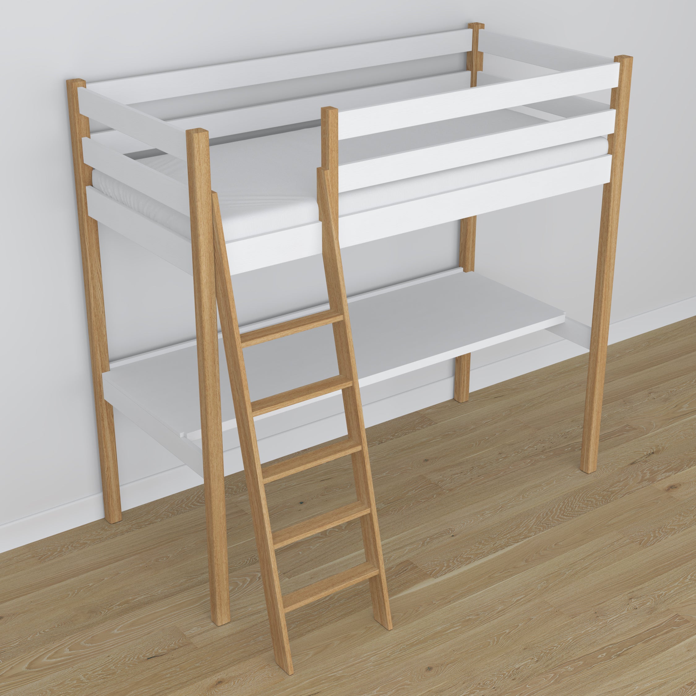 Loft bed with desk white/oak wooden – dimensions, Nizio Home
