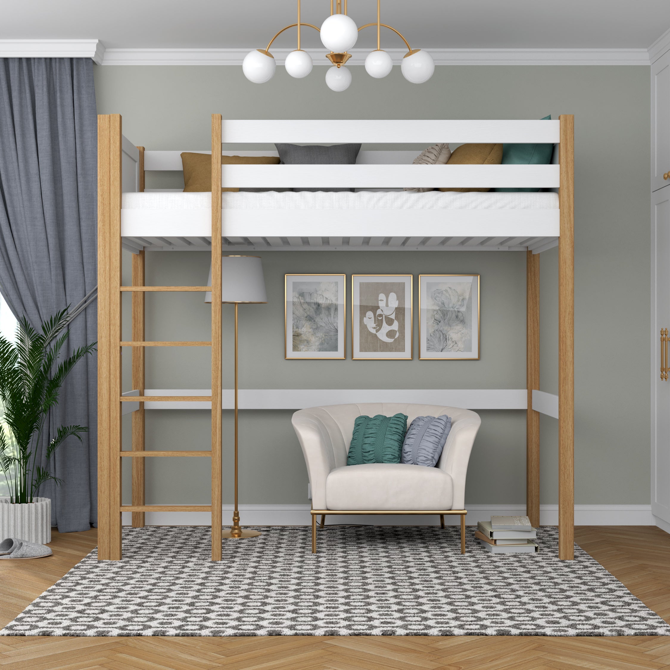 Hochbett aus Holz, Weiß-Eiche – Kinderzimmer, Massivholz, Scandi-Stil