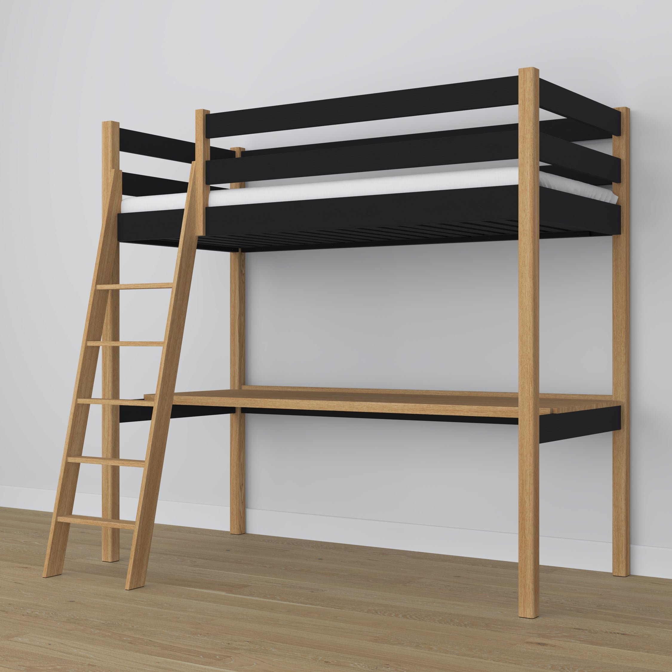 Hochbett mit Schreibtisch Schwarz-Eiche aus Holz – Maße, Nizio Home