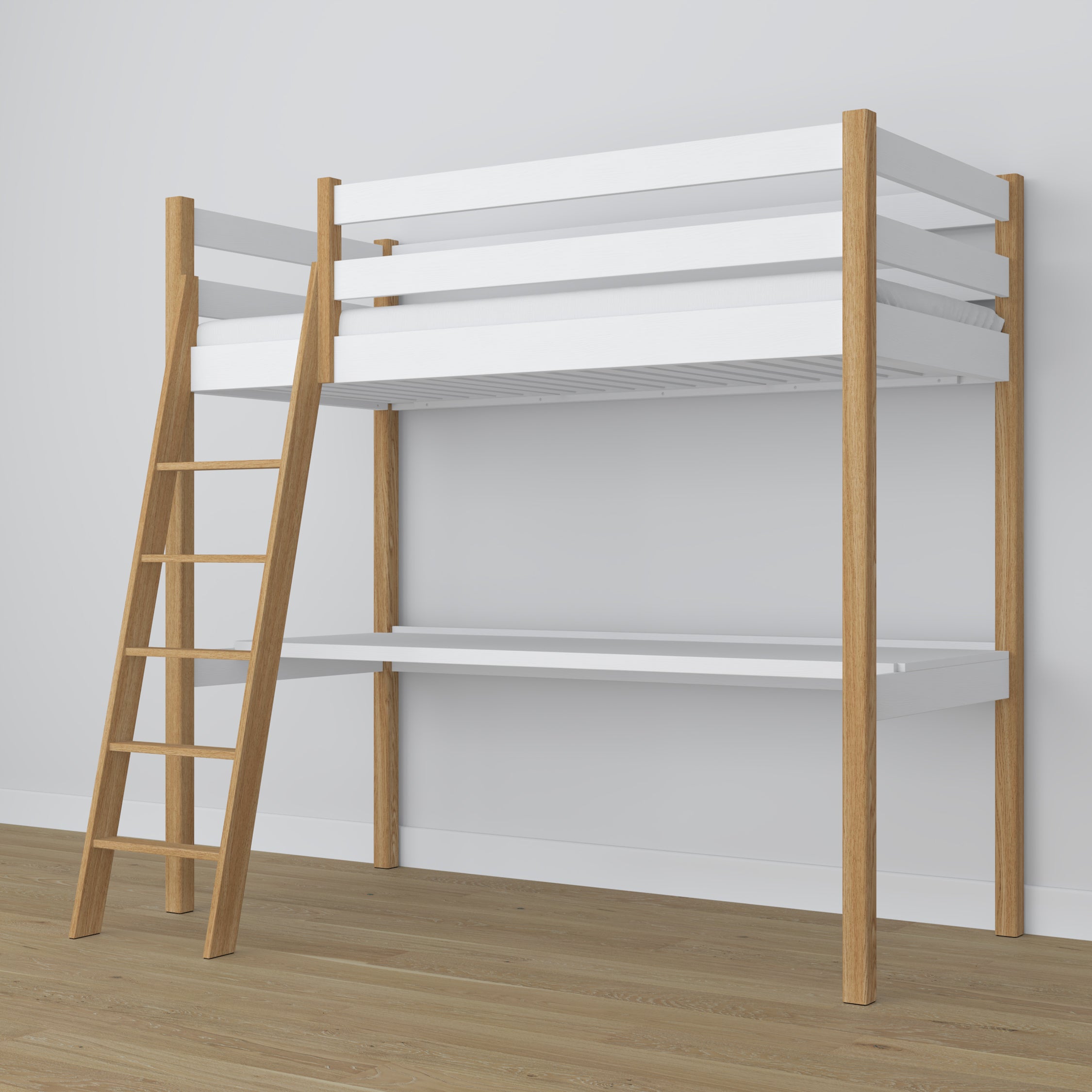White and Oak Wooden Loft Bed with Desk – Frame and Slats, Nizio