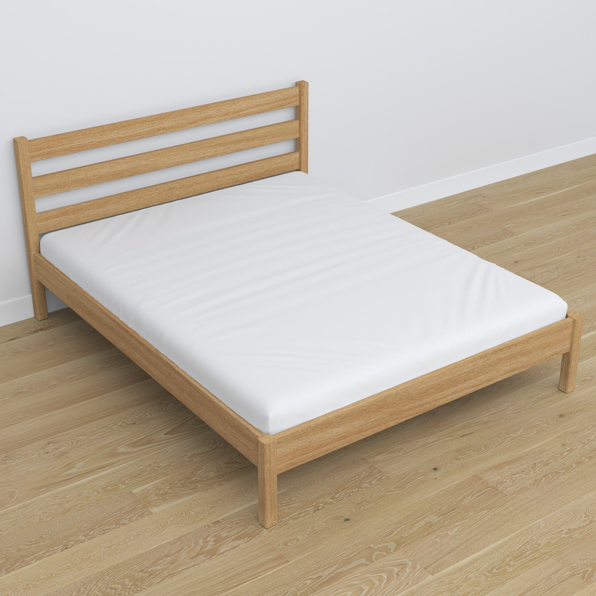 Doppelbett Natureiche im Schlafzimmer – Einrichtung mit Bettwäsche, scandi Stil