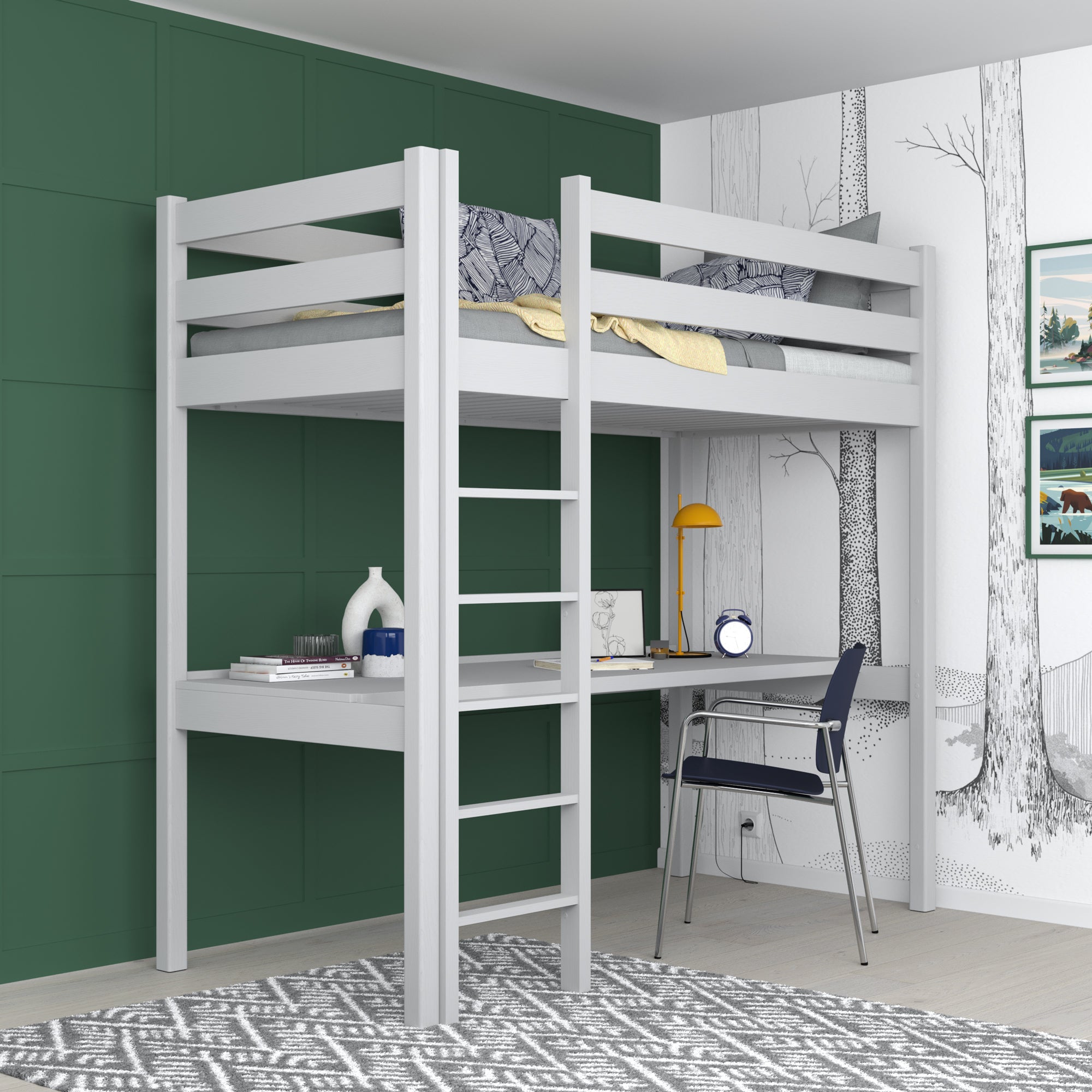 Grey Wooden Loft Bed with Desk – Ladder and Safety Rail