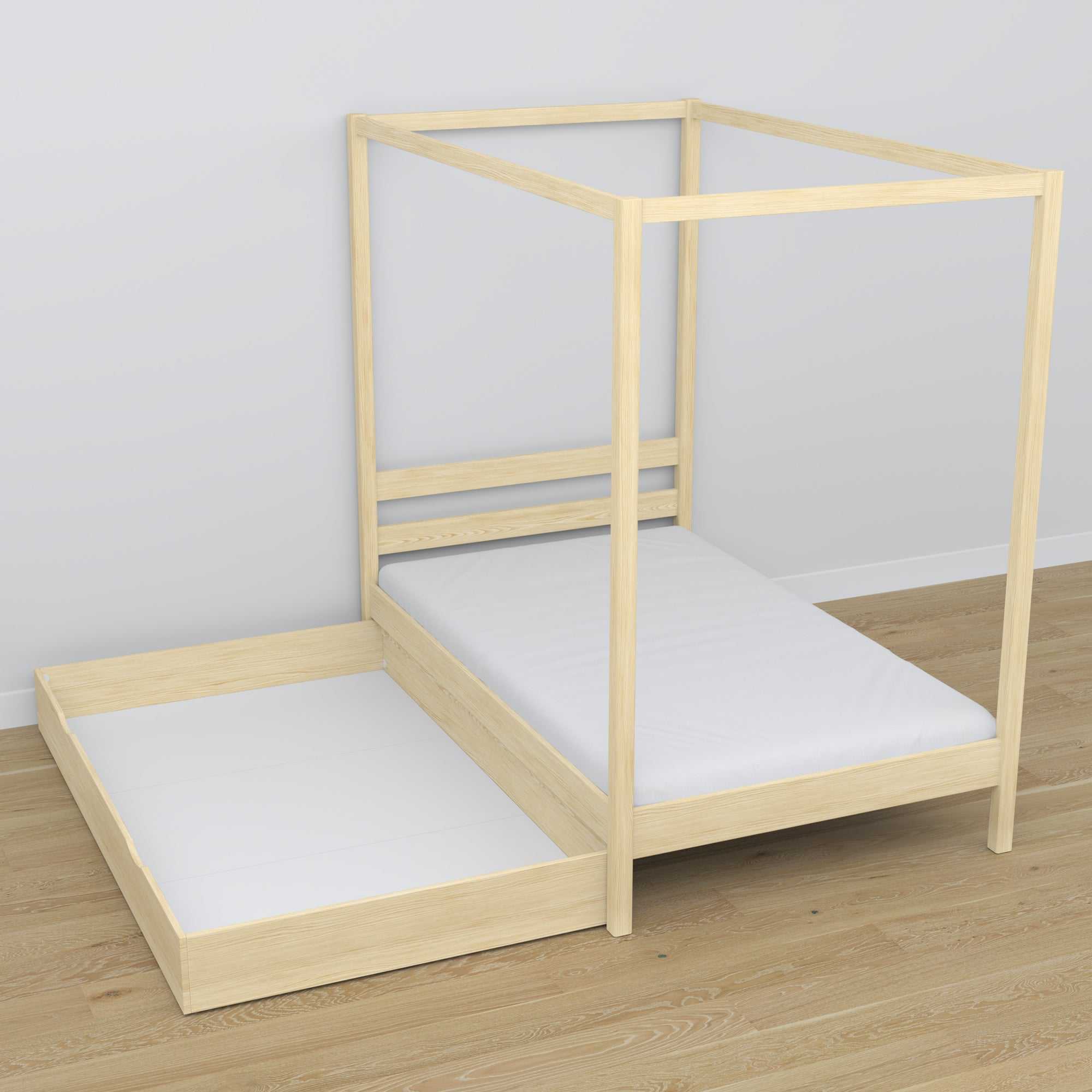 Clear pine canopy bed with drawer – side view, wooden