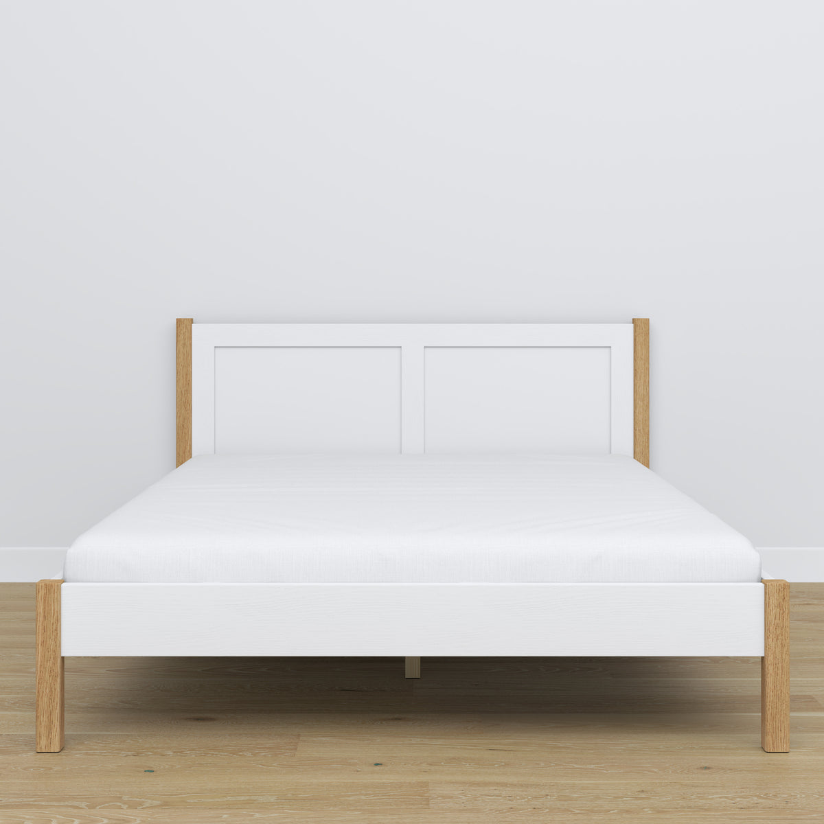 Doppelbett Holz Weiß-Eiche – Seitenansicht, Proportionen und Form, Schlafzimmer