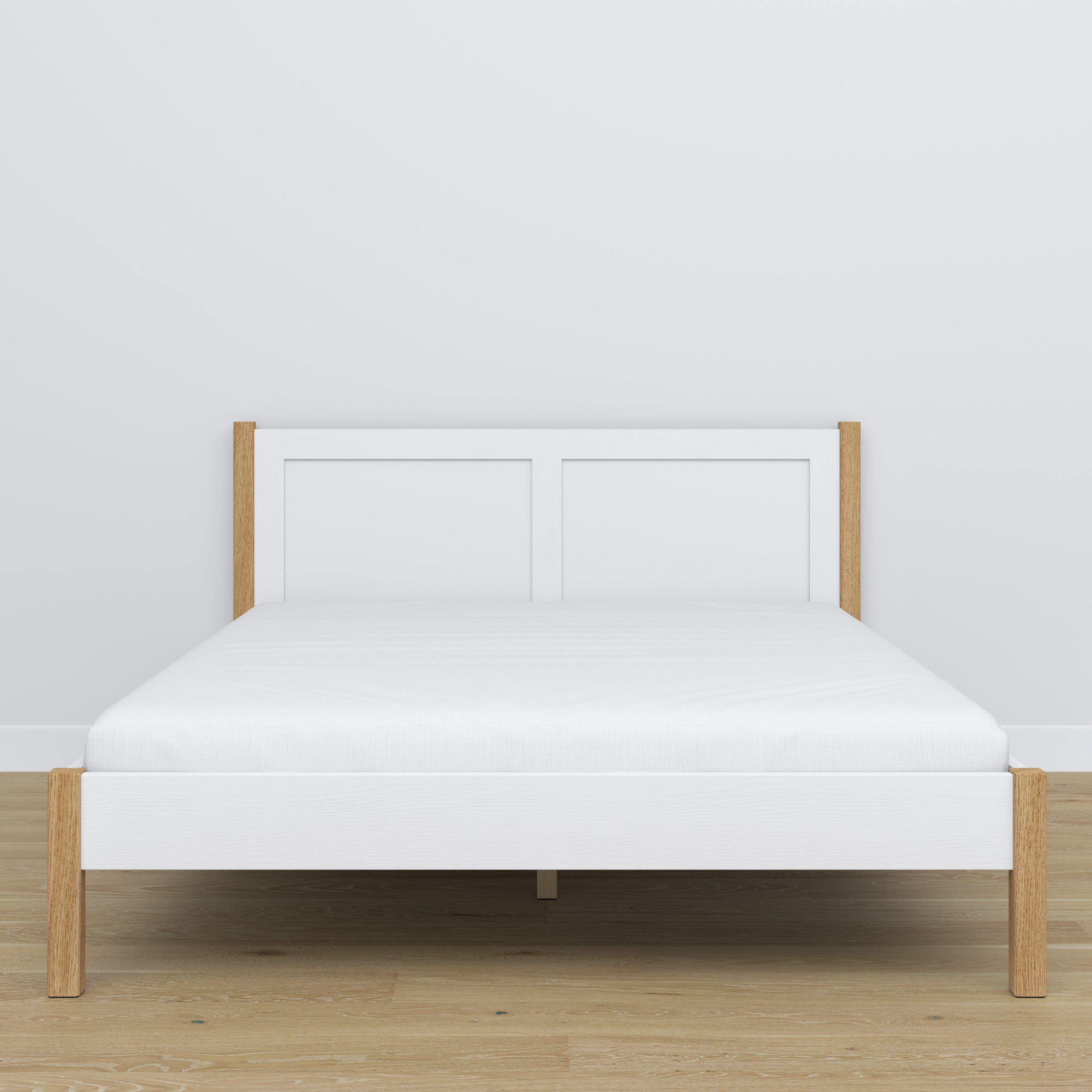 Doppelbett Holz Weiß-Eiche – Seitenansicht, Proportionen und Form, Schlafzimmer