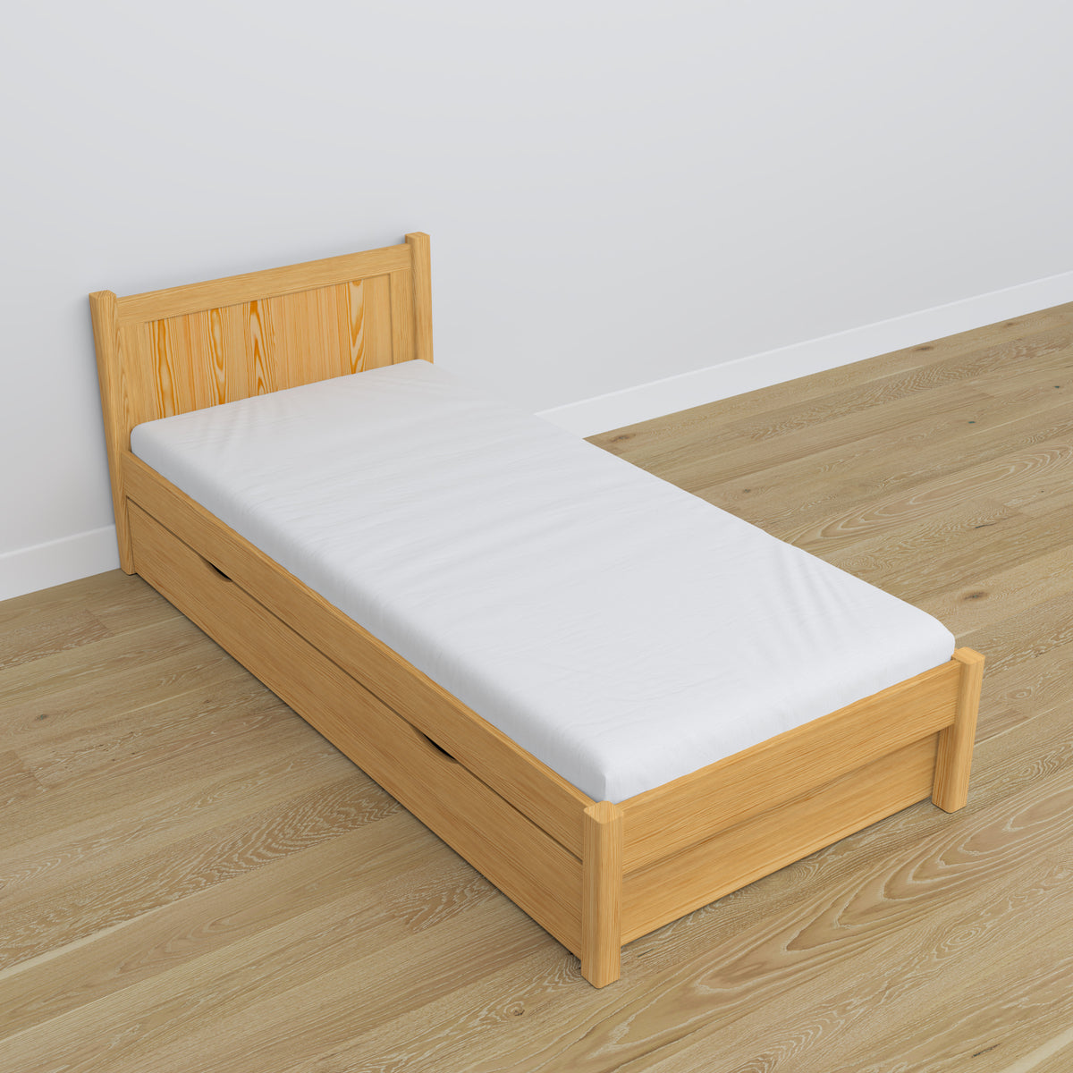 Lit pin naturel z tiroir – prowadnice i détails en bois, Nizio