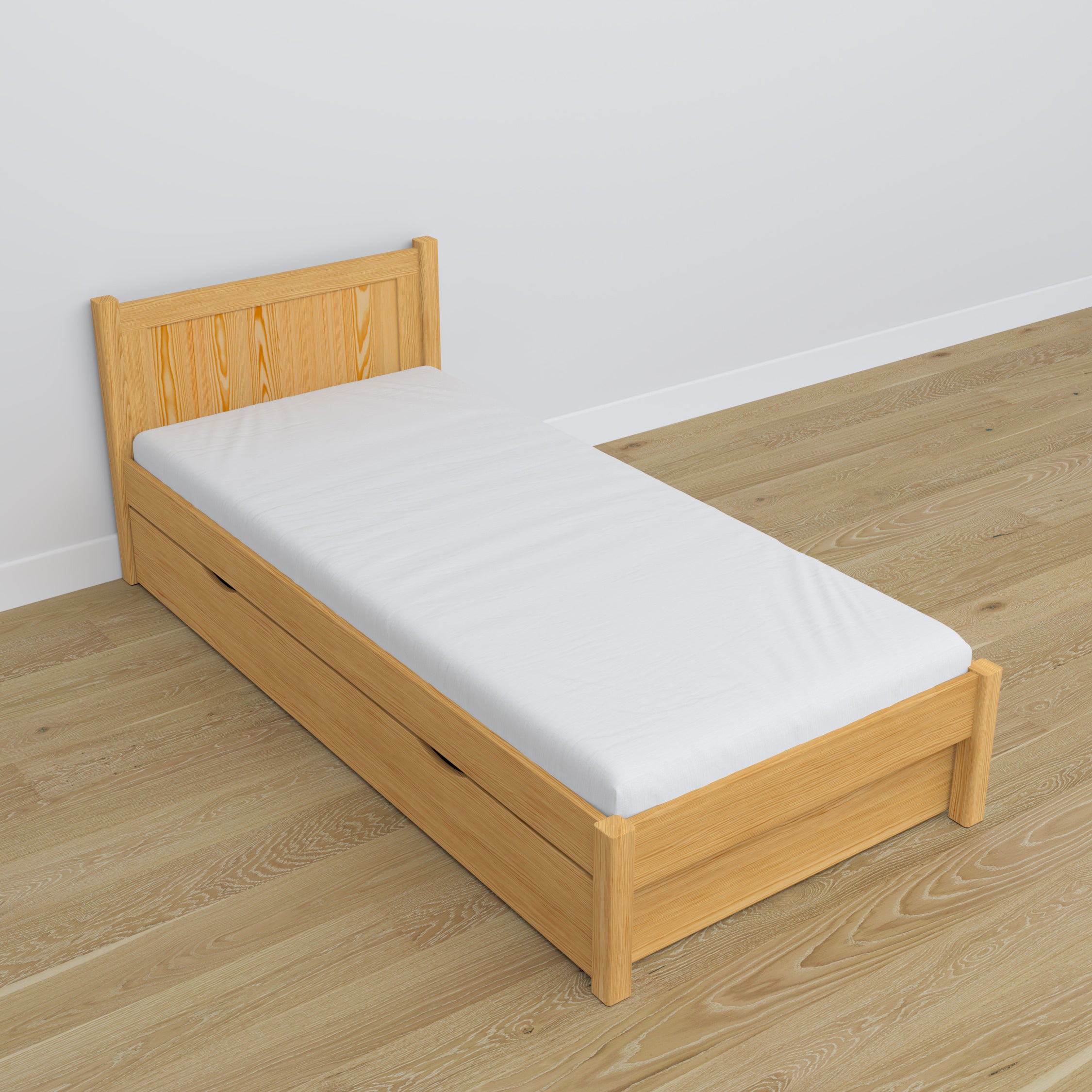Lit pin naturel z tiroir – prowadnice i détails en bois, Nizio