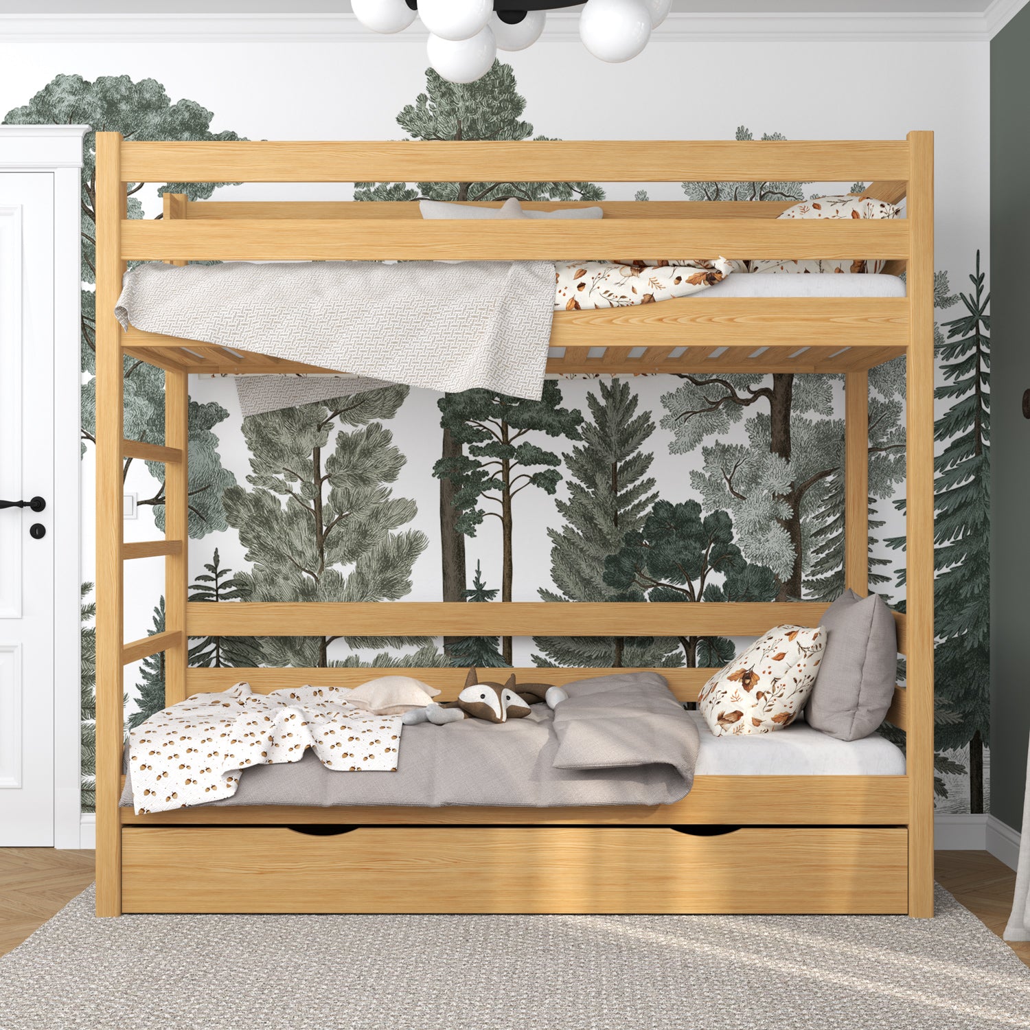 Natural Pine Bunk Bed for Children – Two Sleeping Areas and Drawer, Wooden