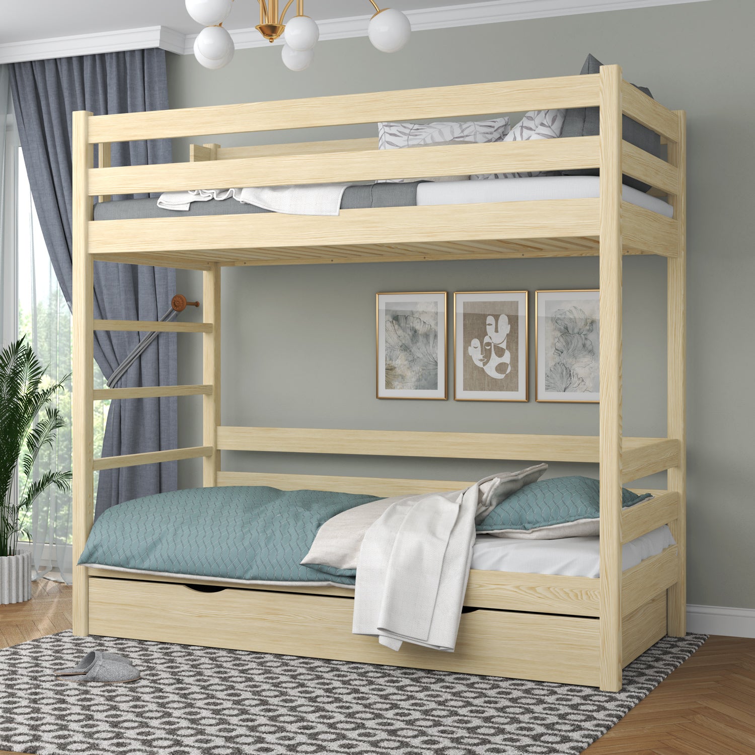 Clear Pine Bunk Bed for Children – Two Sleeping Areas and Drawer, Wooden