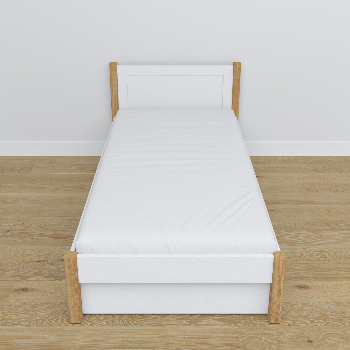 Bett Weiß-Eiche mit Schublade – Schienen und Details aus Holz, Nizio