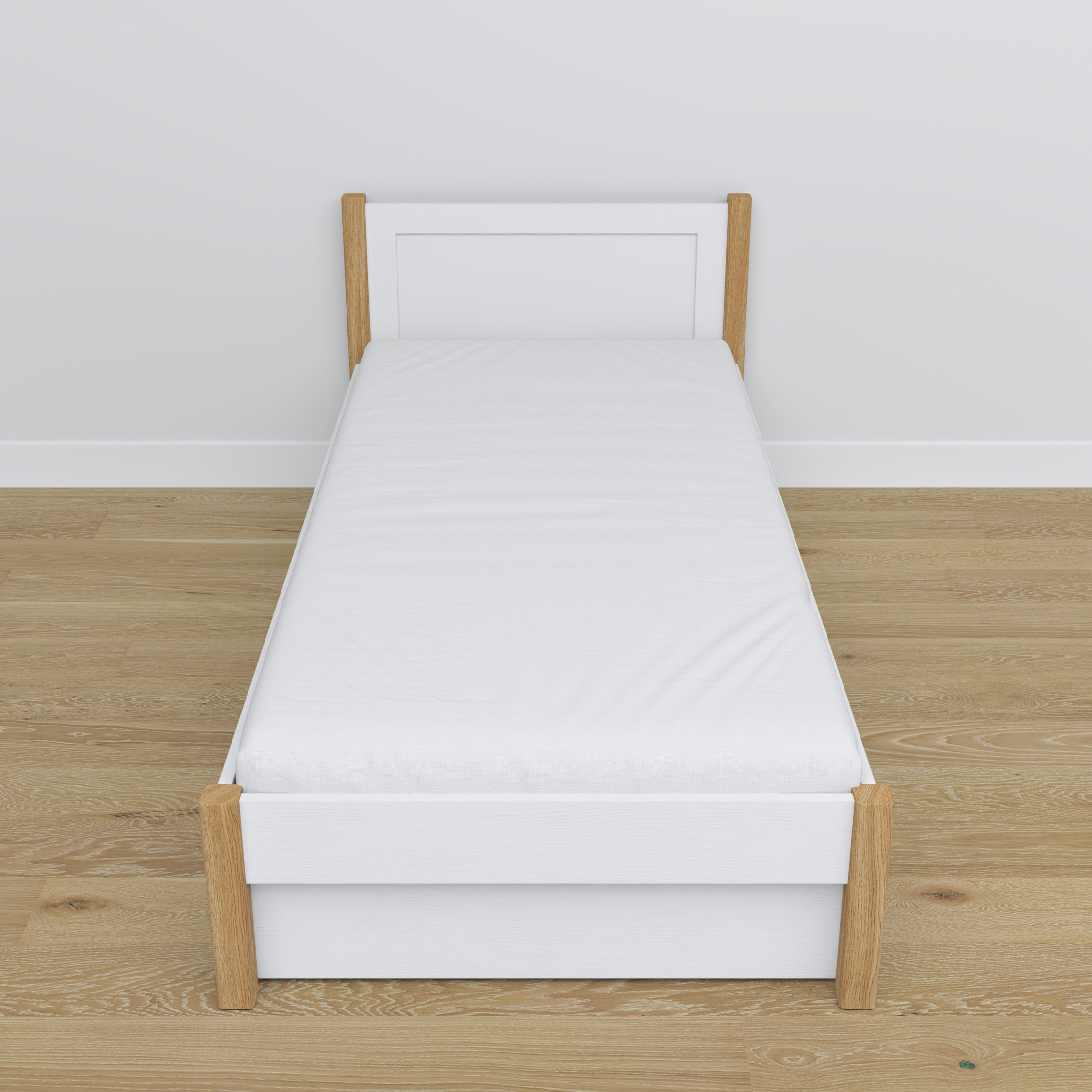 Bett Weiß-Eiche mit Schublade – Schienen und Details aus Holz, Nizio