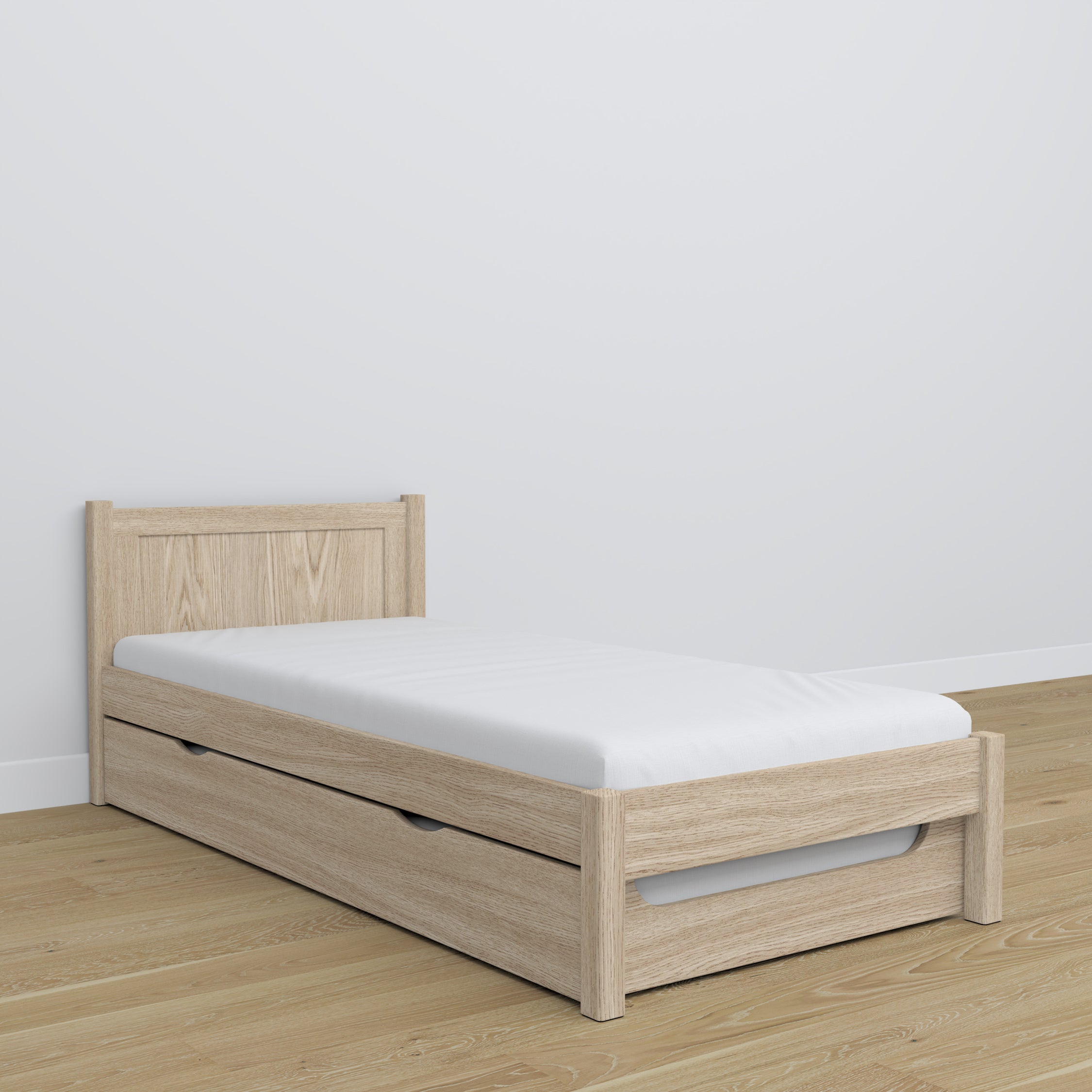 Oak bed with mattress drawer bleached oak – child’s room arrangement