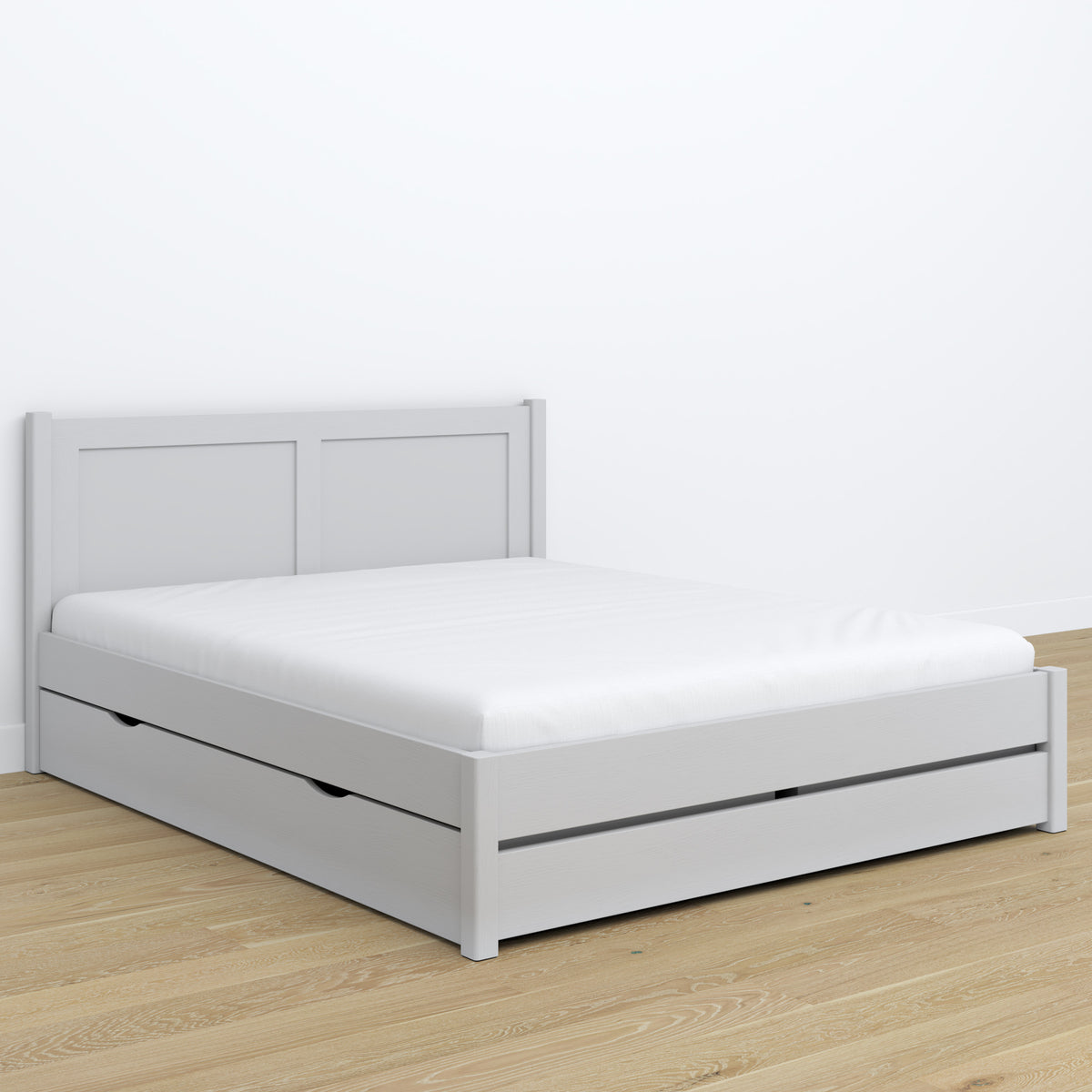 Doppelbett Aschgrau mit Schublade – Kopfteil aus Holz, Nahaufnahme