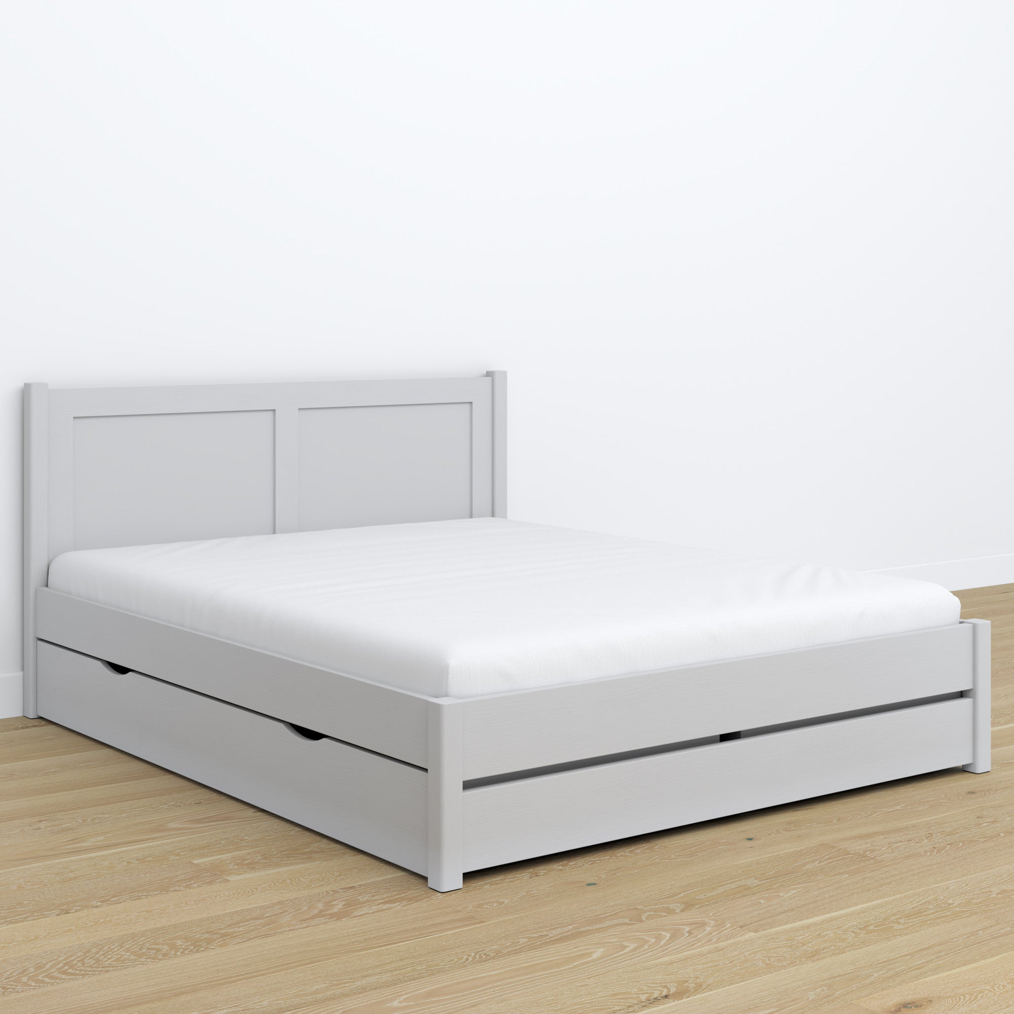 Doppelbett Aschgrau mit Schublade – Kopfteil aus Holz, Nahaufnahme