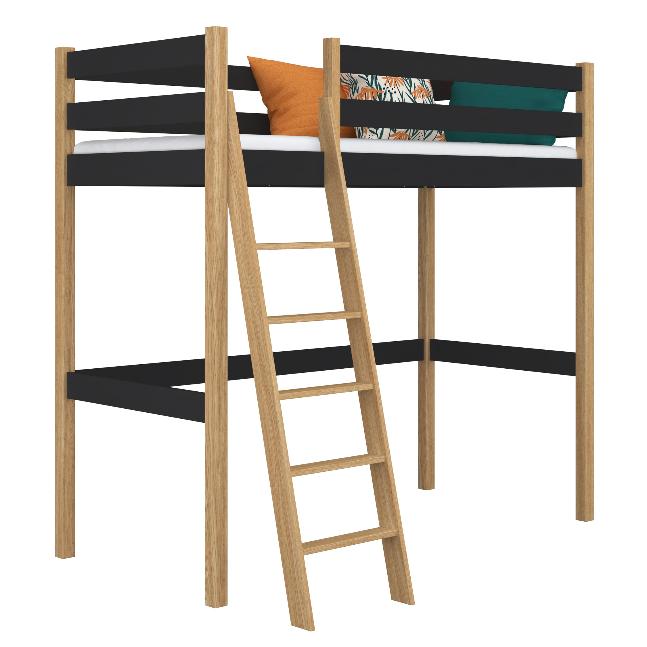Black and Oak Wooden Loft Bed – Children’s Room, Solid Wood, Scandi Style