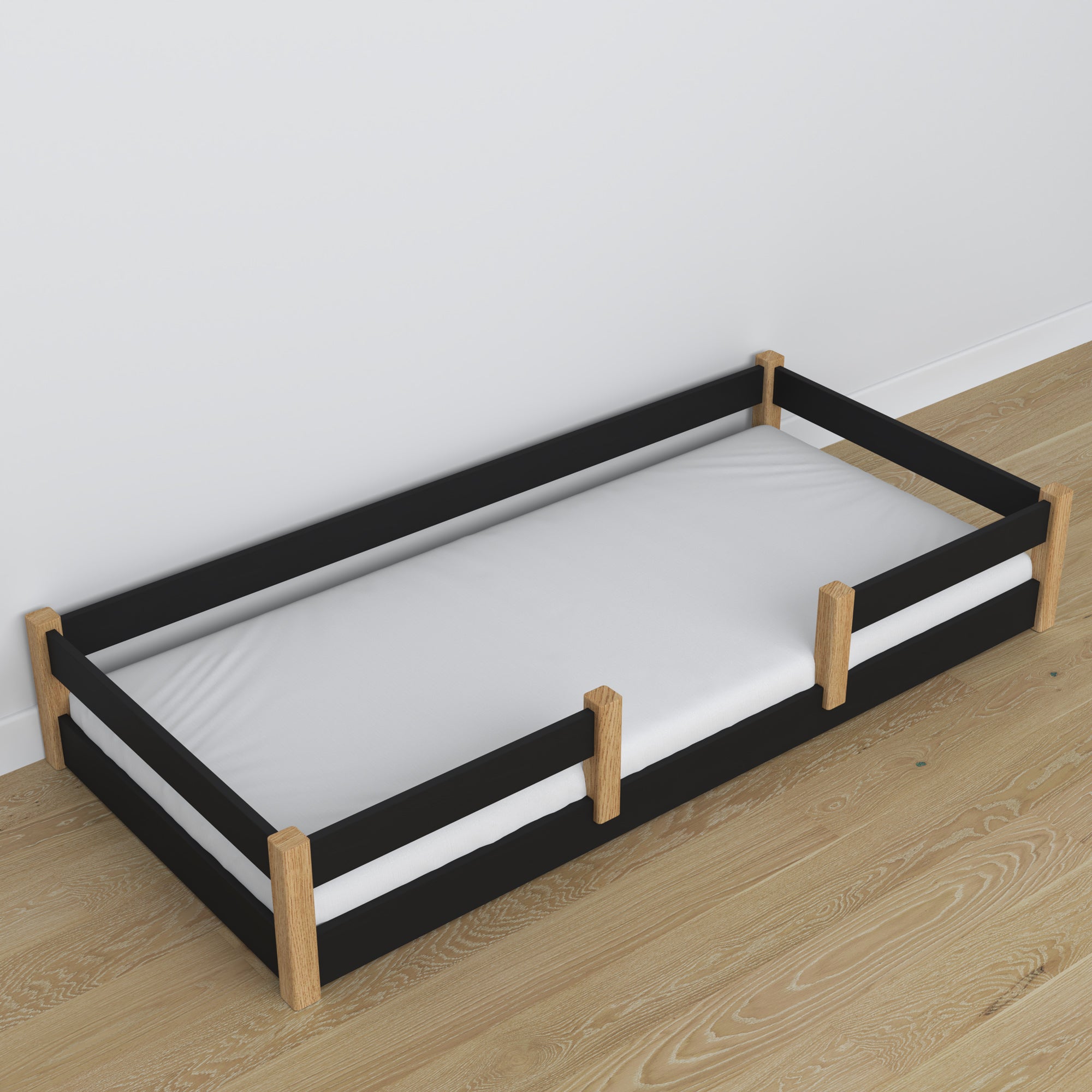 Niedriges Bett Schwarz-Eiche im Schlafzimmer – skandinavische Einrichtung, aus Holz