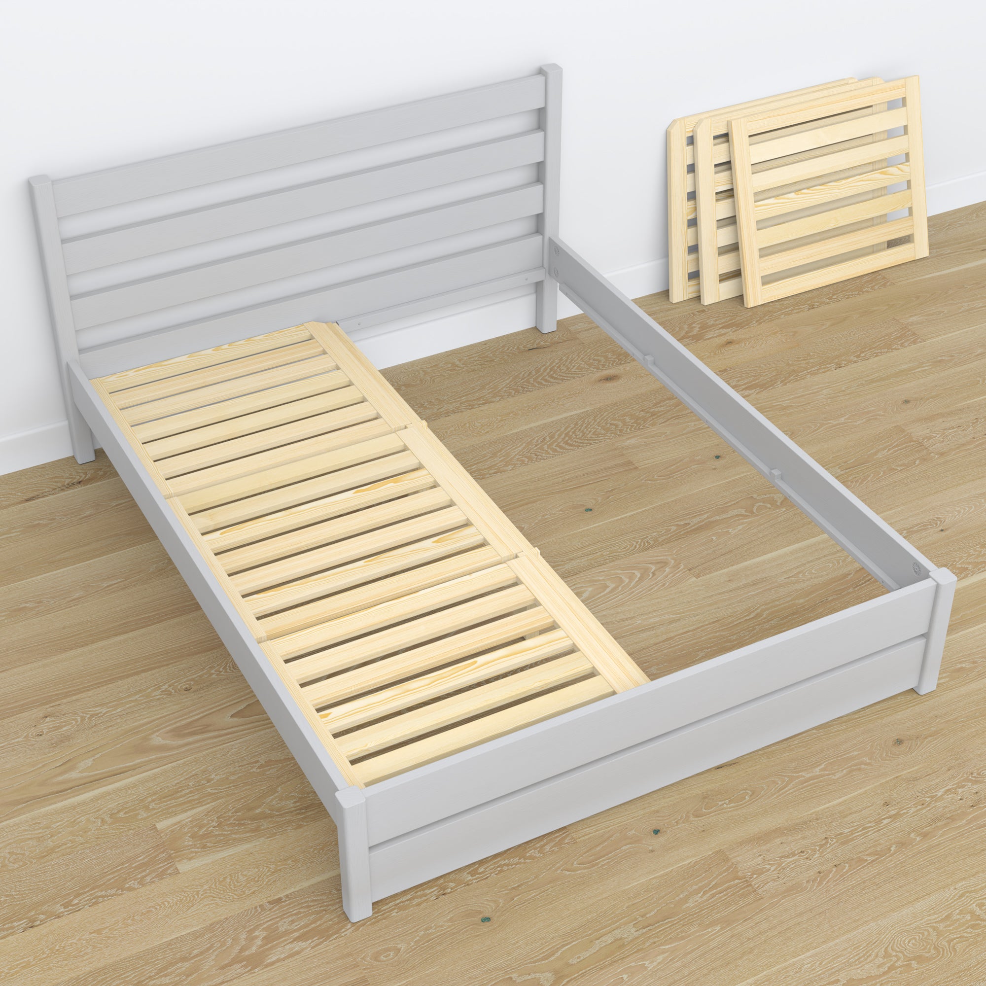 Doppelbett Aschgrau aus Holz – Maße und Schema, Nizio Home
