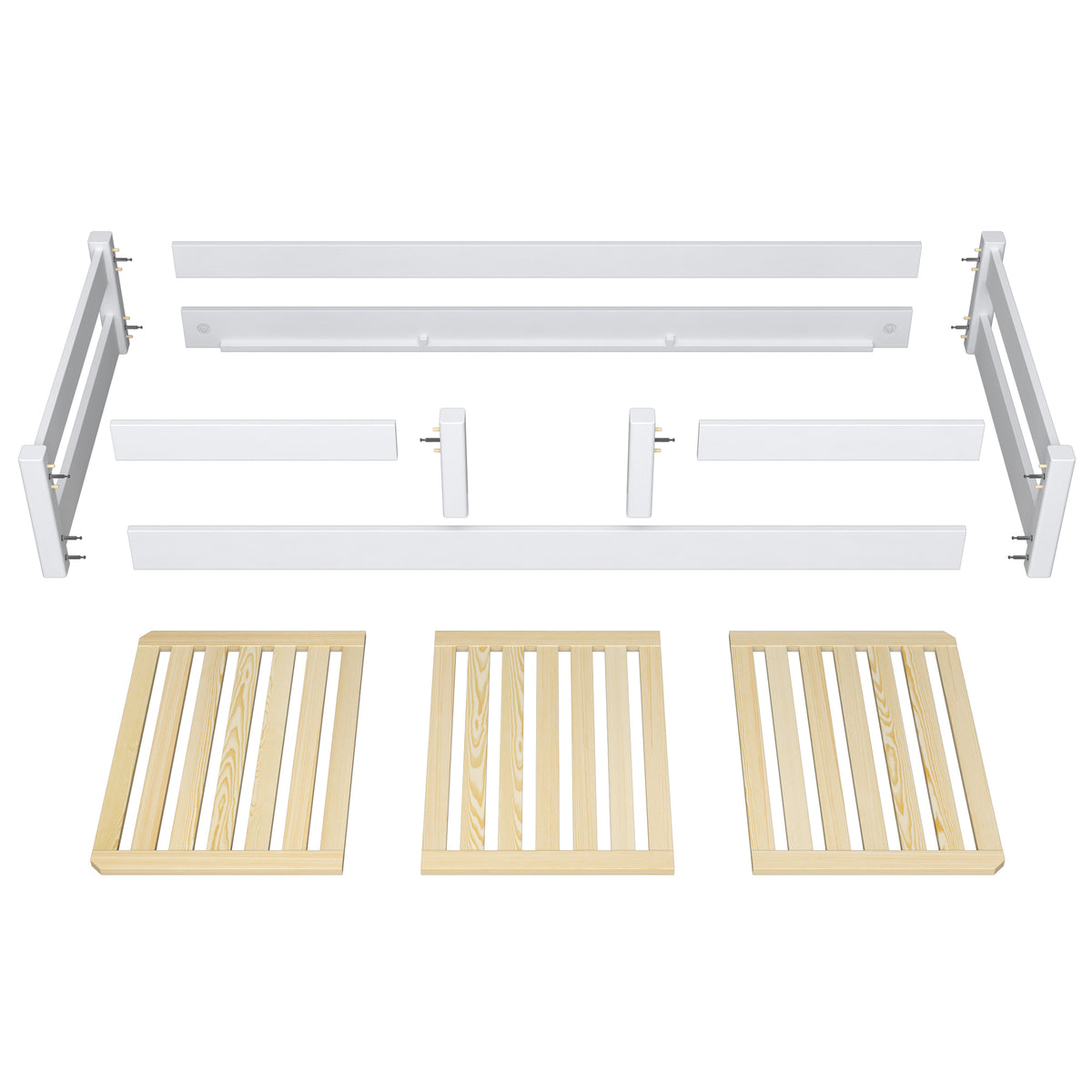 Lit bas en bois gris – vue en biais, chambre
