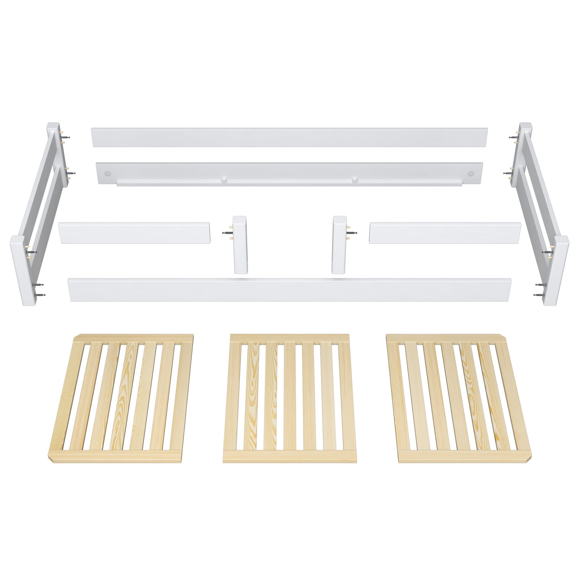 Lit bas en bois gris – vue en biais, chambre