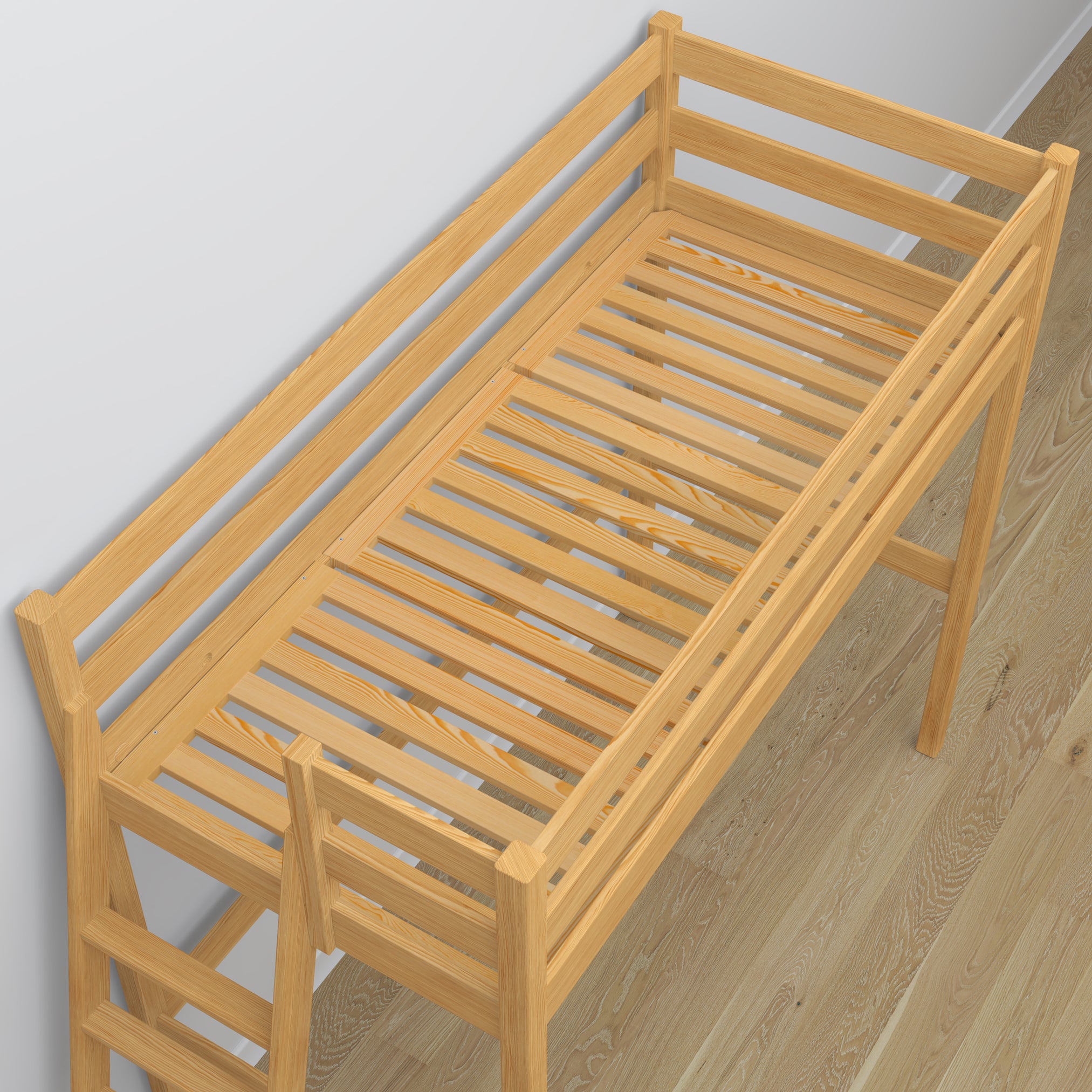 Lit mezzanine avec bureau en bois pin naturel – détails des assemblages et de l'échelle
