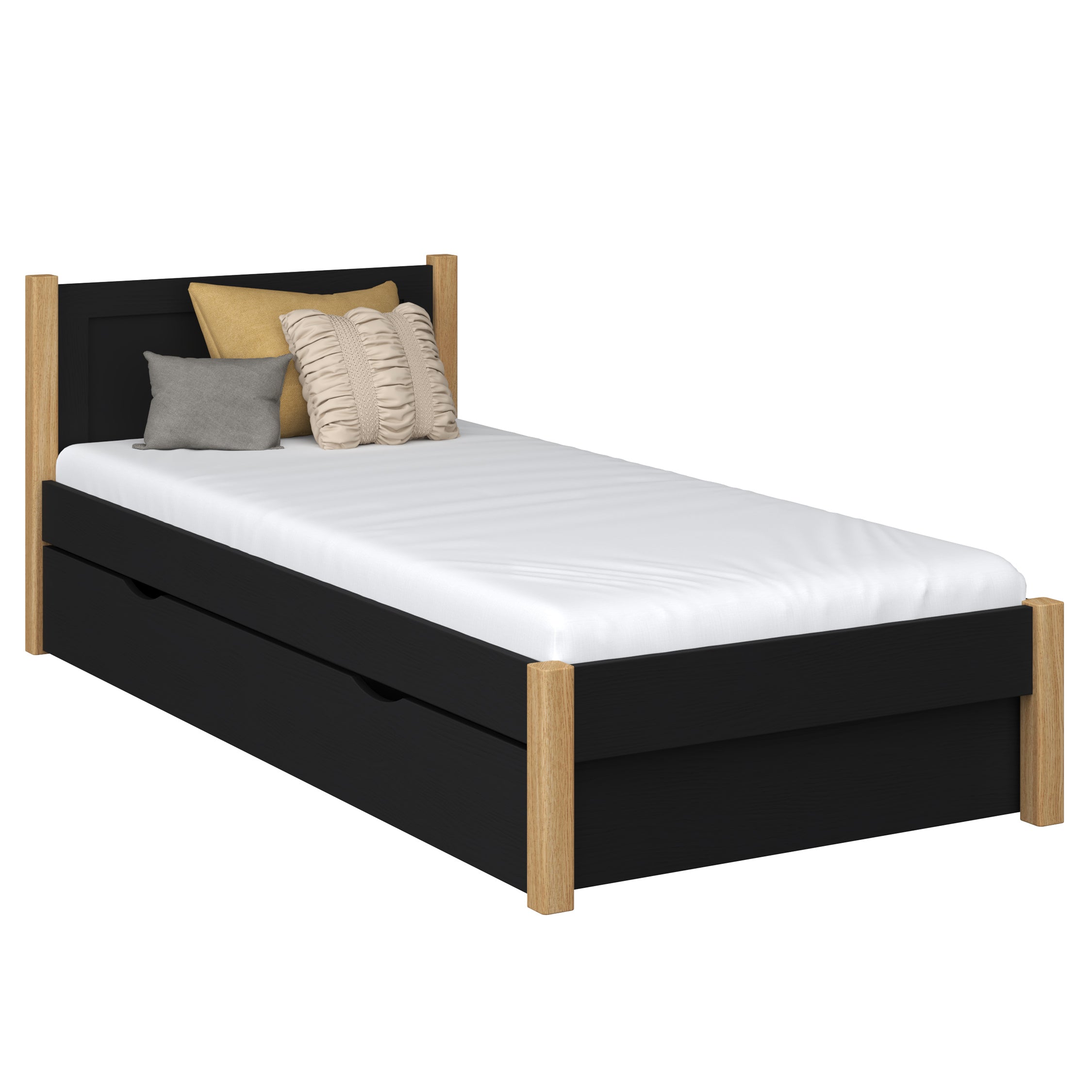 Bett mit Schublade aus Holz Schwarz-Eiche – Schublade geöffnet, Staurauminnenraum