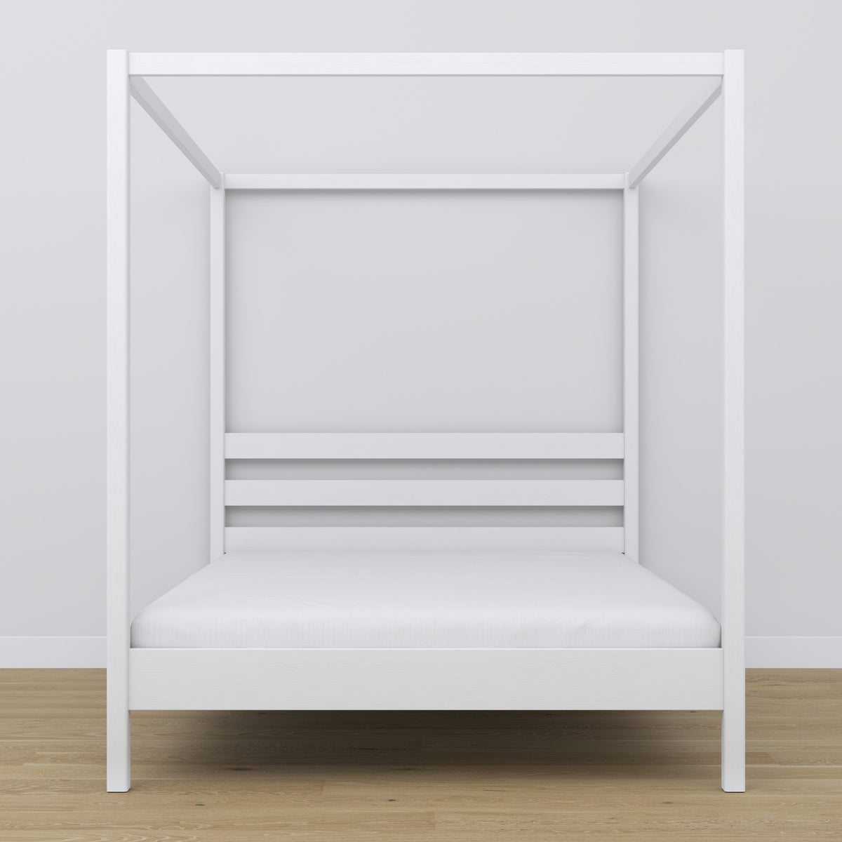 Lit double à baldaquin en bois blanc – tête de lit et cadre, gros plan
