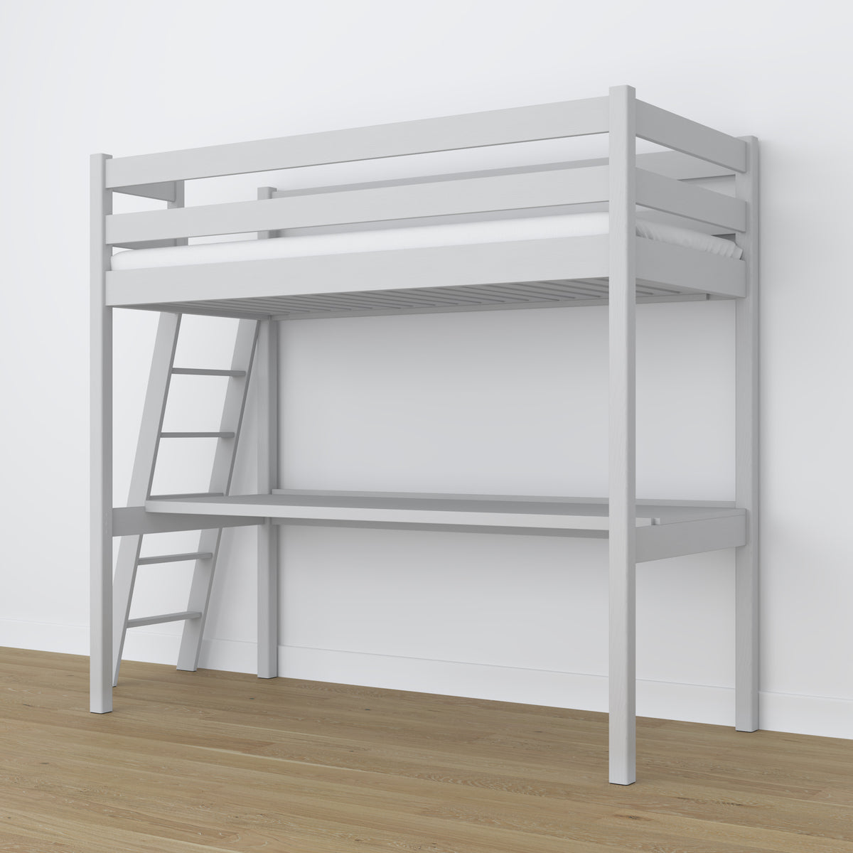 Hochbett Grau – Holzschreibtisch unter dem Schlafbereich, Kinderzimmer scandi