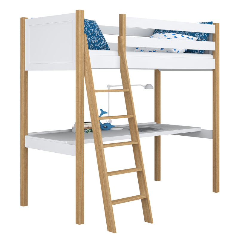 White and Oak Wooden Loft Bed with Desk – Children’s Room, Scandi Nizio
