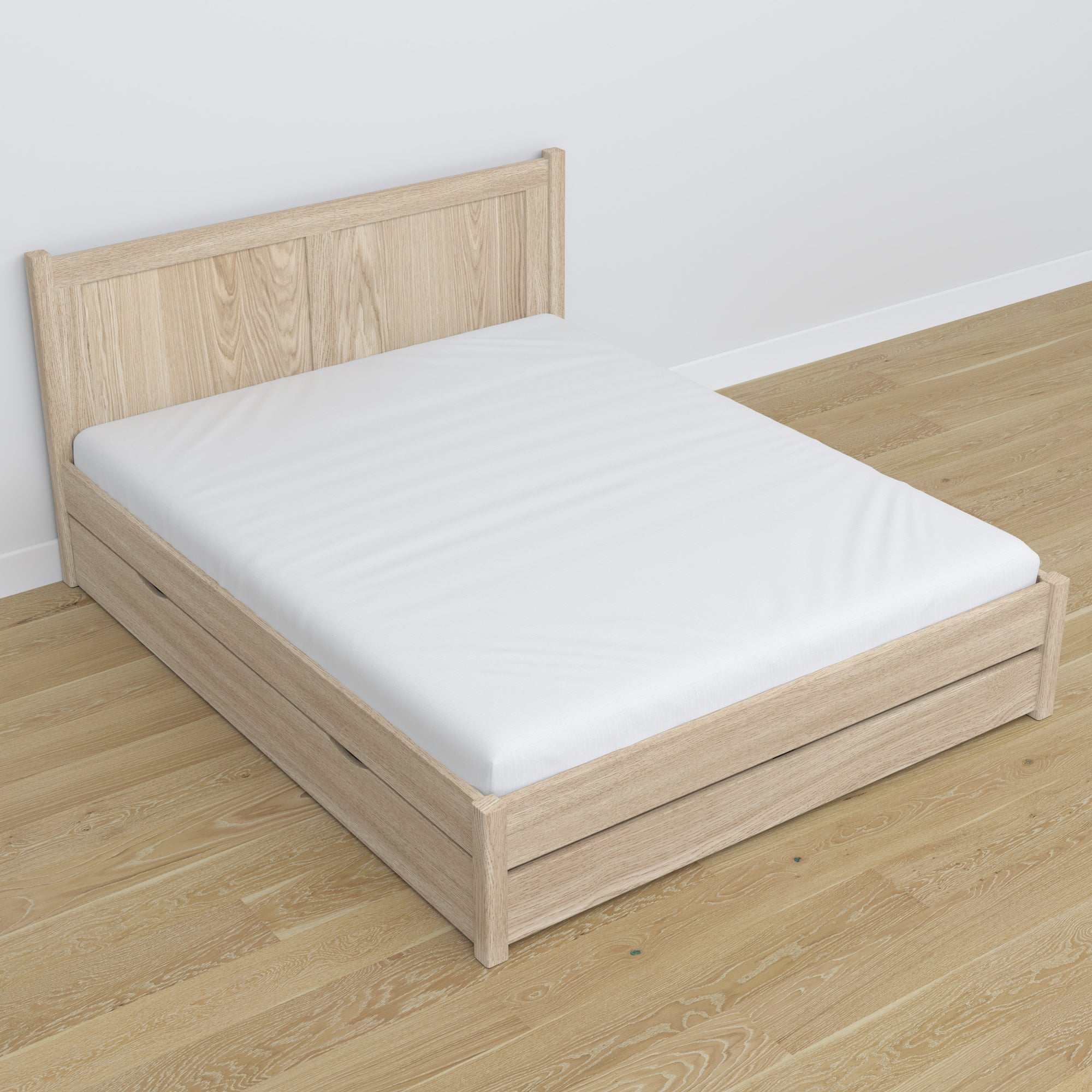 Lit double chêne blanchi – pieds et base en chêne, gros plan