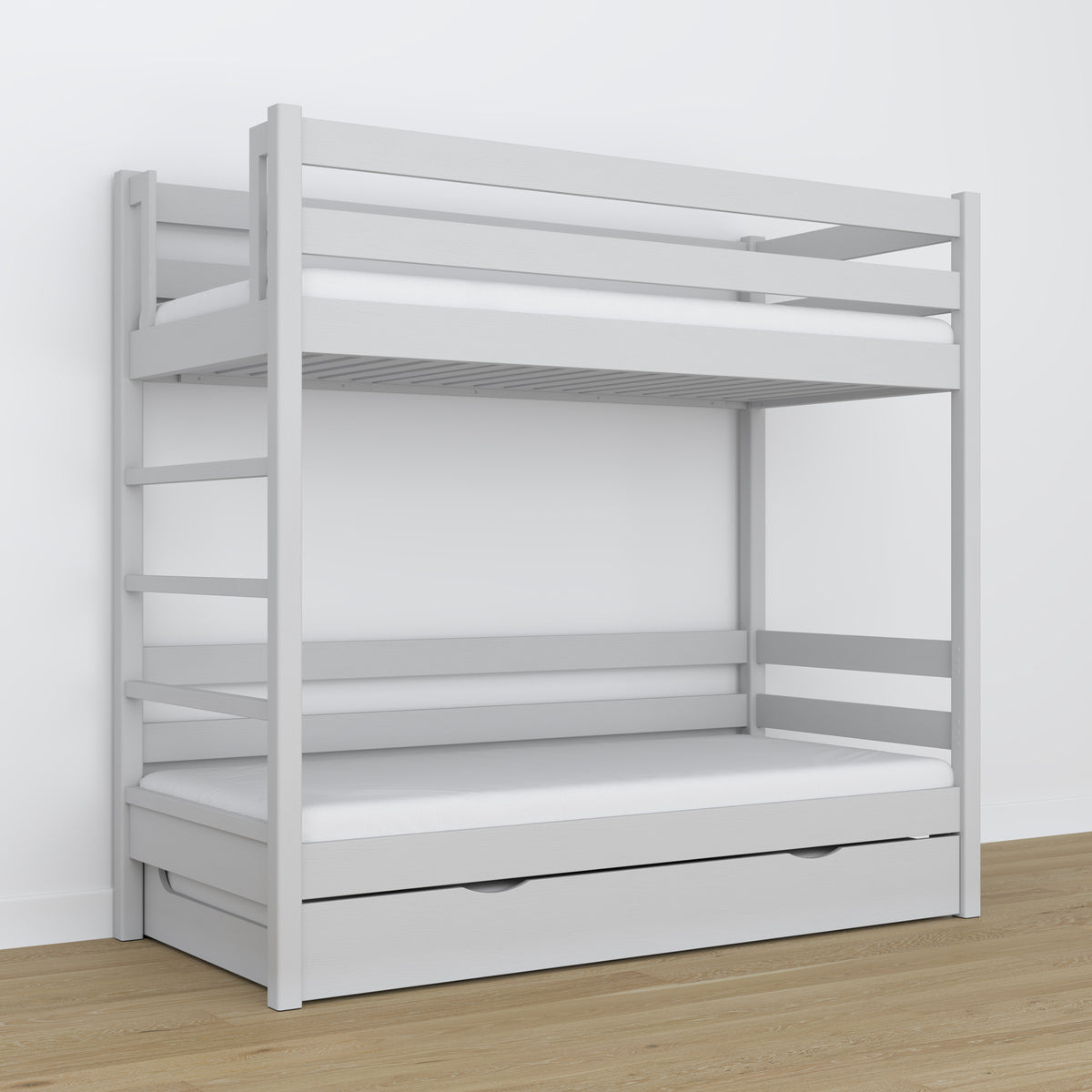 Grey Bunk Bed – Wooden Slatted Frame, Mattress Drawer