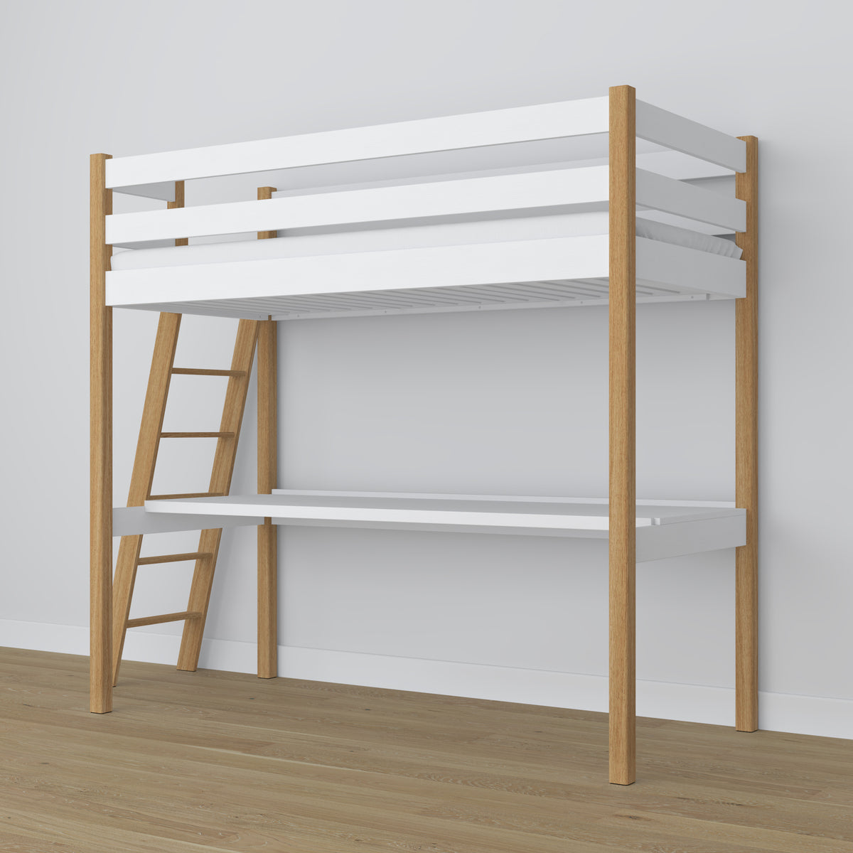 Lit mezzanine avec bureau en bois blanc-chêne – échelle i barrière ochronna