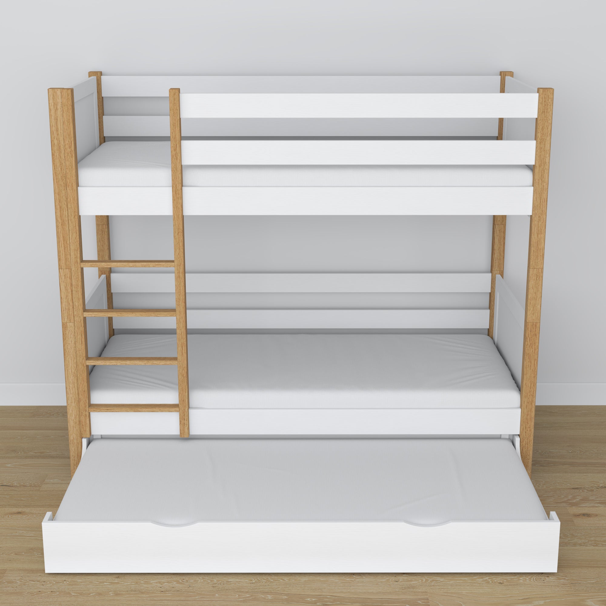 Bunk Bed with Mattress Drawer White and Oak Wooden – Solid Wood, Scandi Style